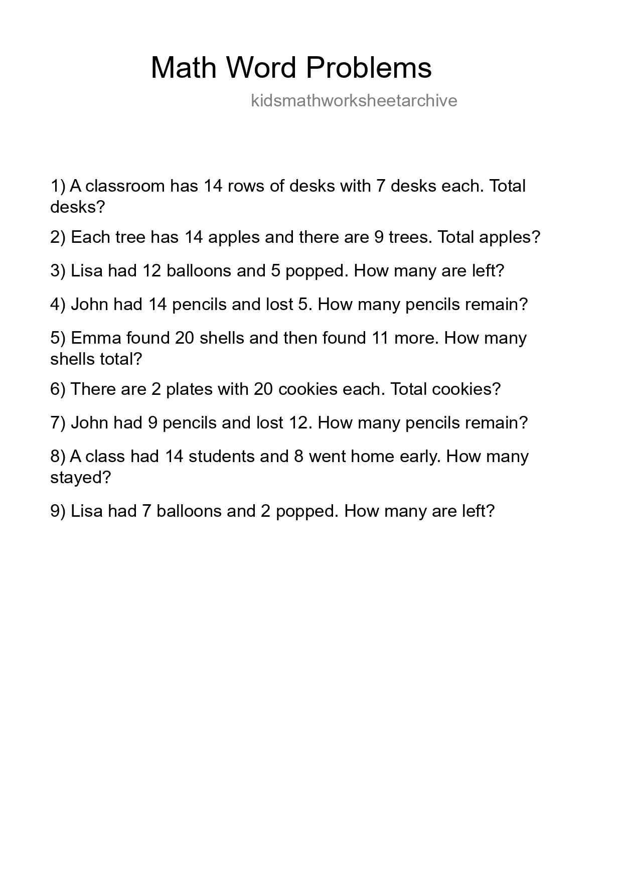 Math Word Problem Worksheet