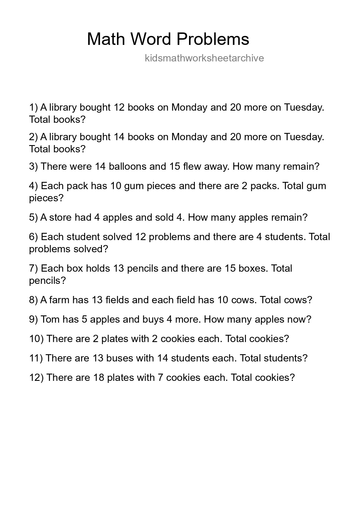 Math Word Problem Worksheet