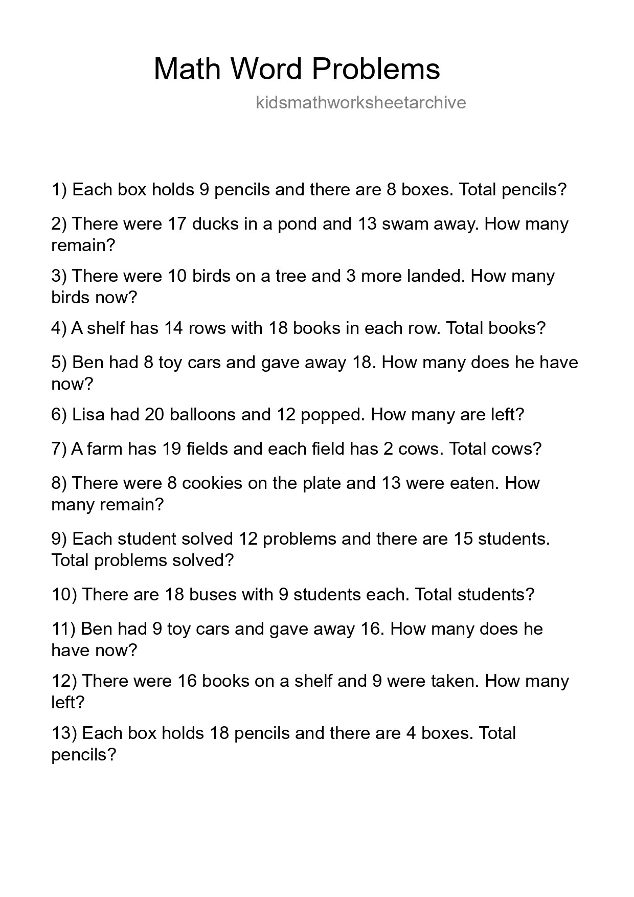 Math Word Problem Worksheet