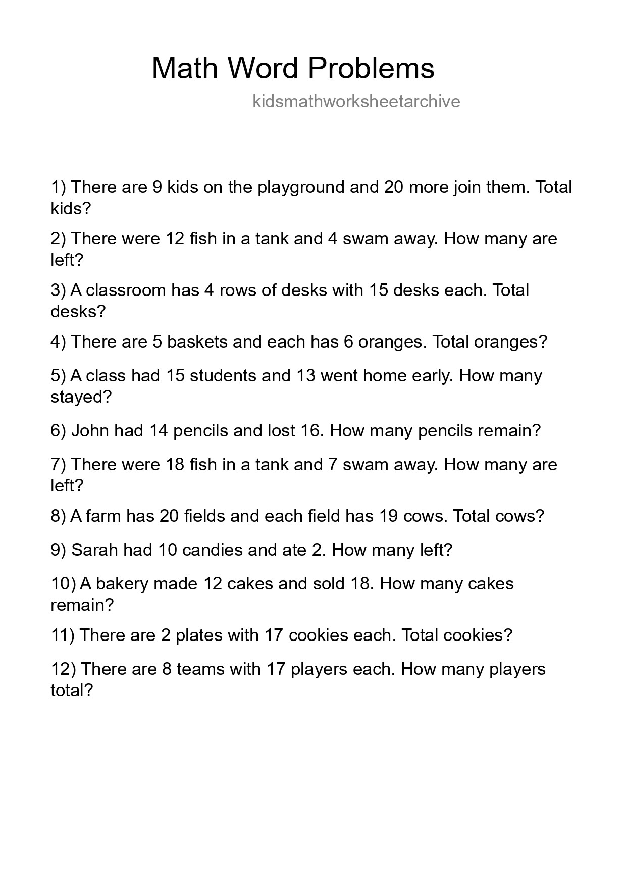 Math Word Problem Worksheet