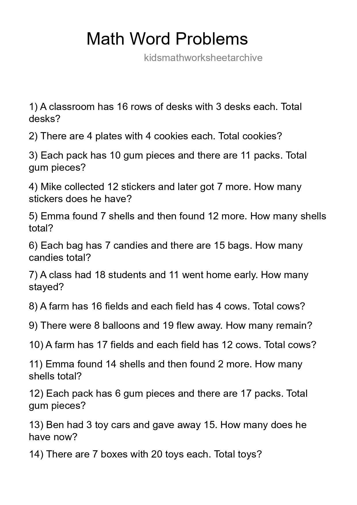 Math Word Problem Worksheet