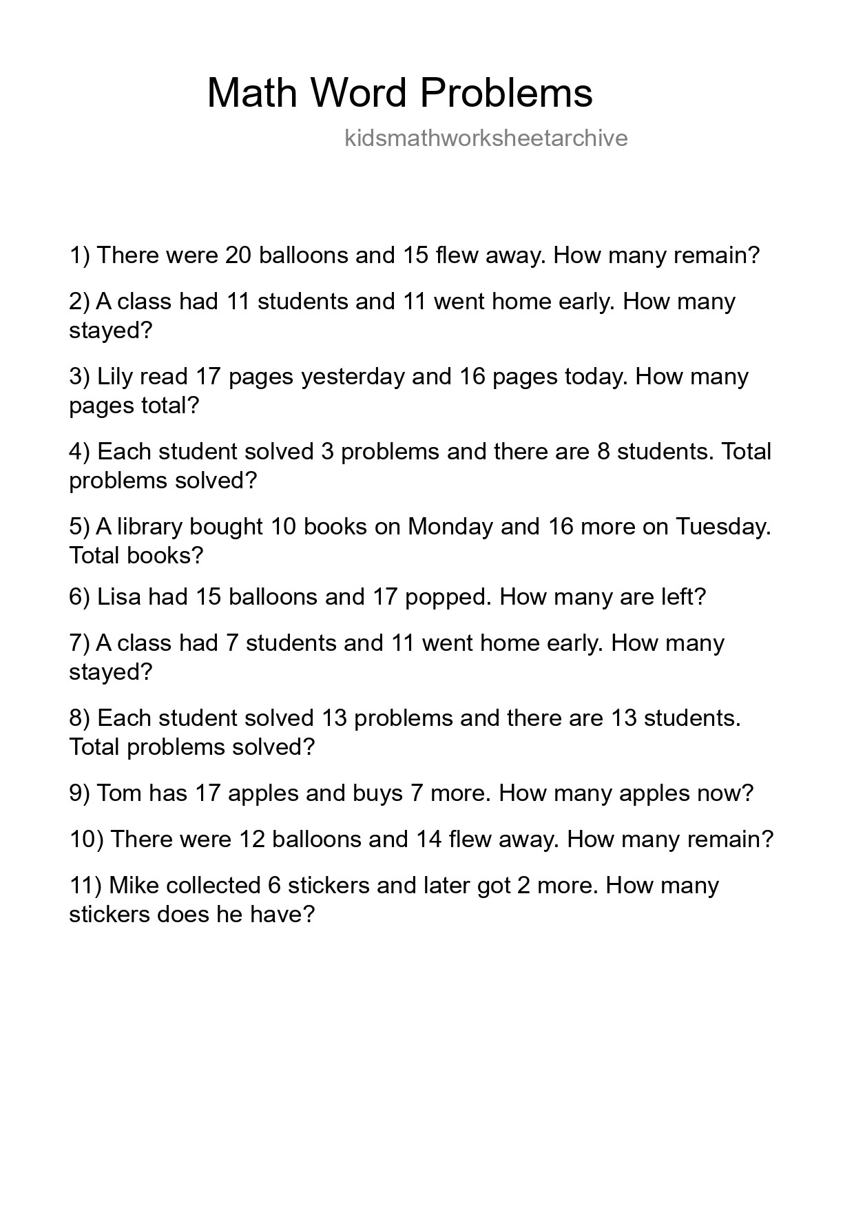 Math Word Problem Worksheet