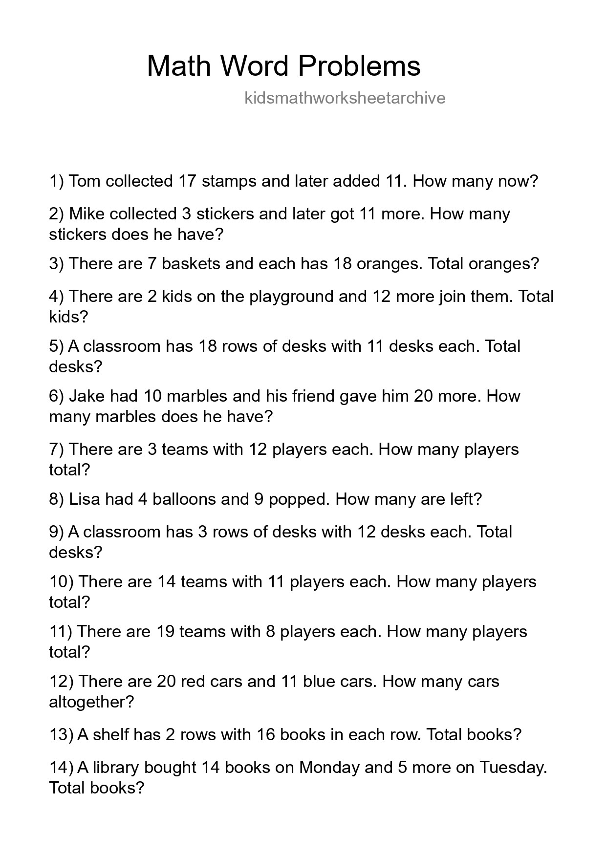 Math Word Problem Worksheet