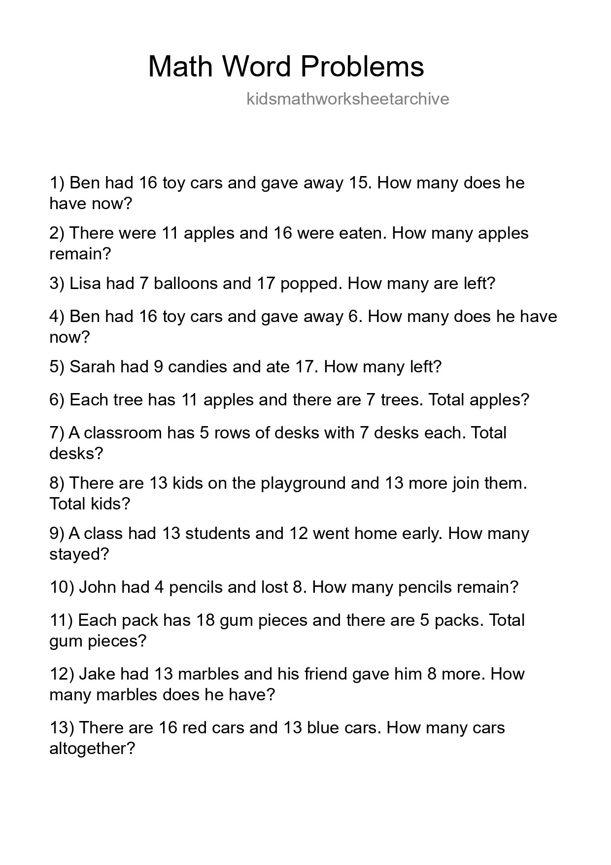 Math Word Problem Worksheet