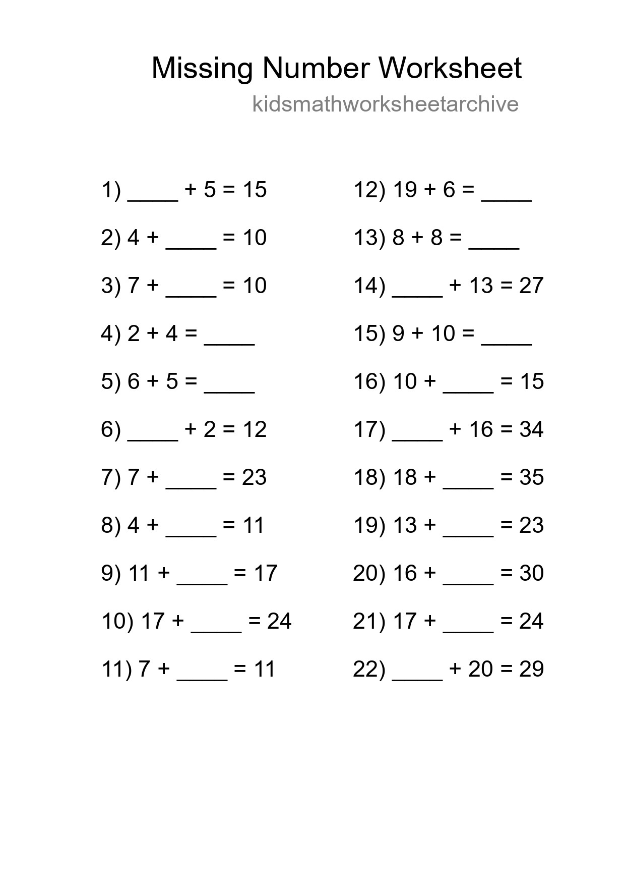 Missing Number Math Worksheet