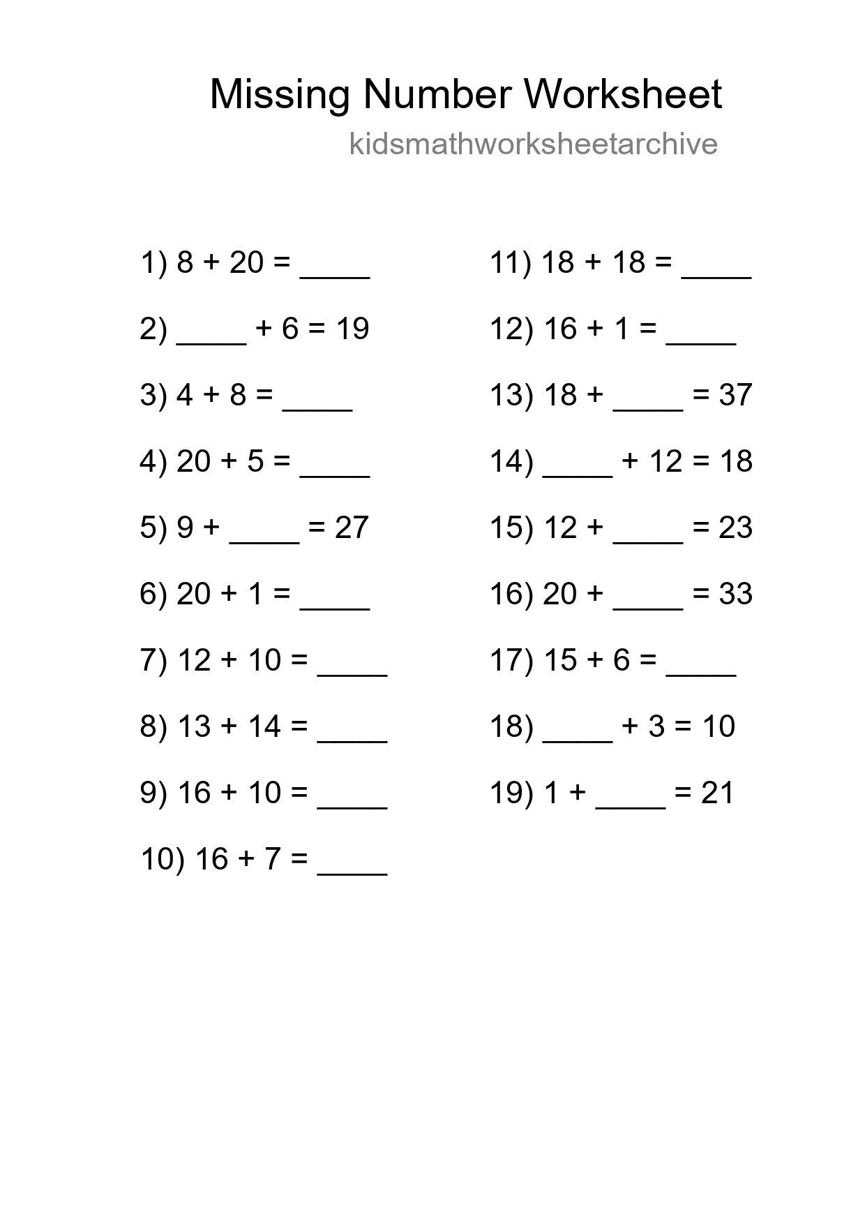 Missing Number Math Worksheet