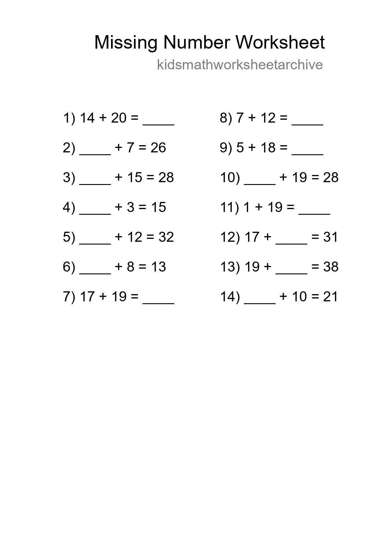 Missing Number Math Worksheet