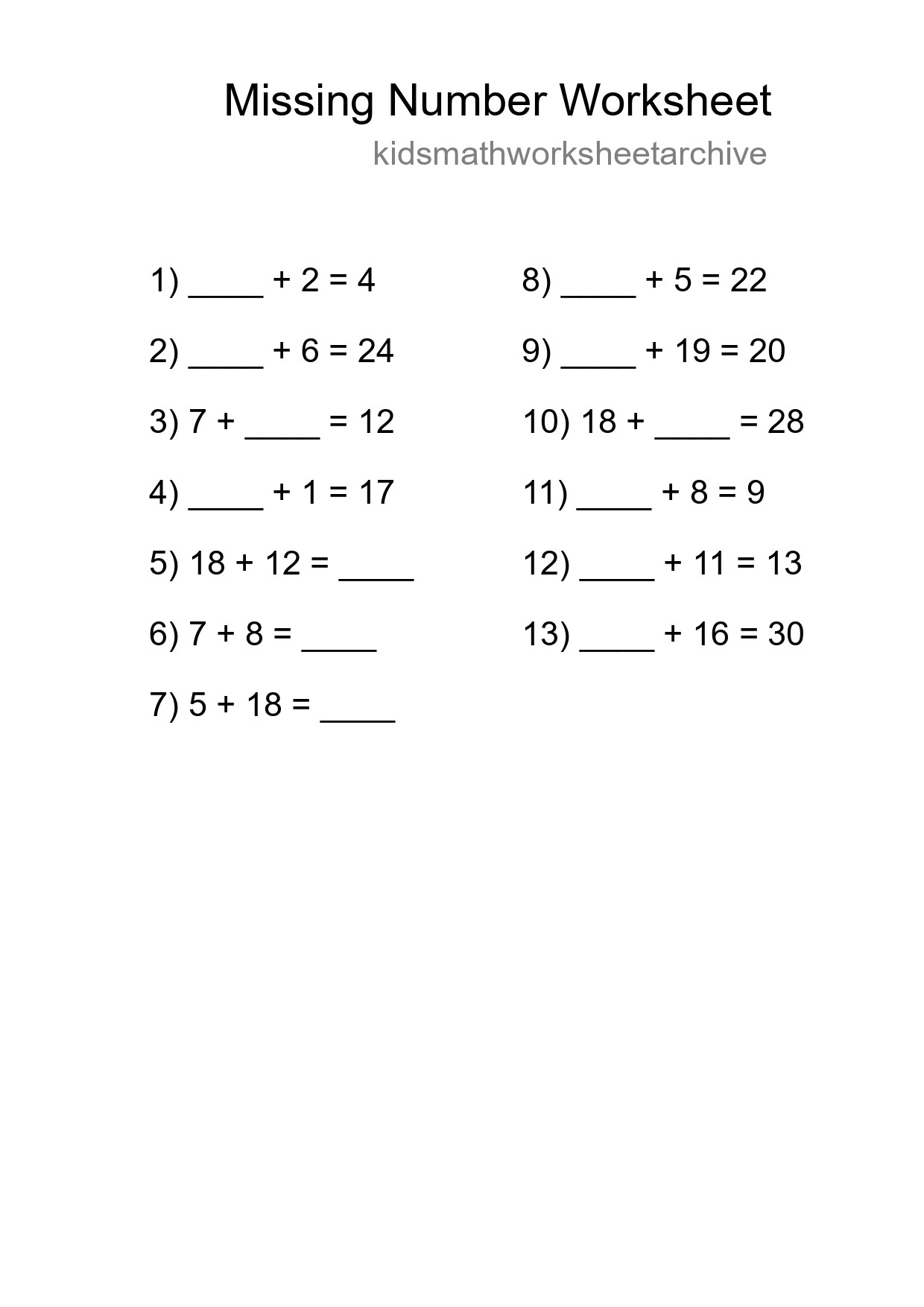 Missing Number Math Worksheet