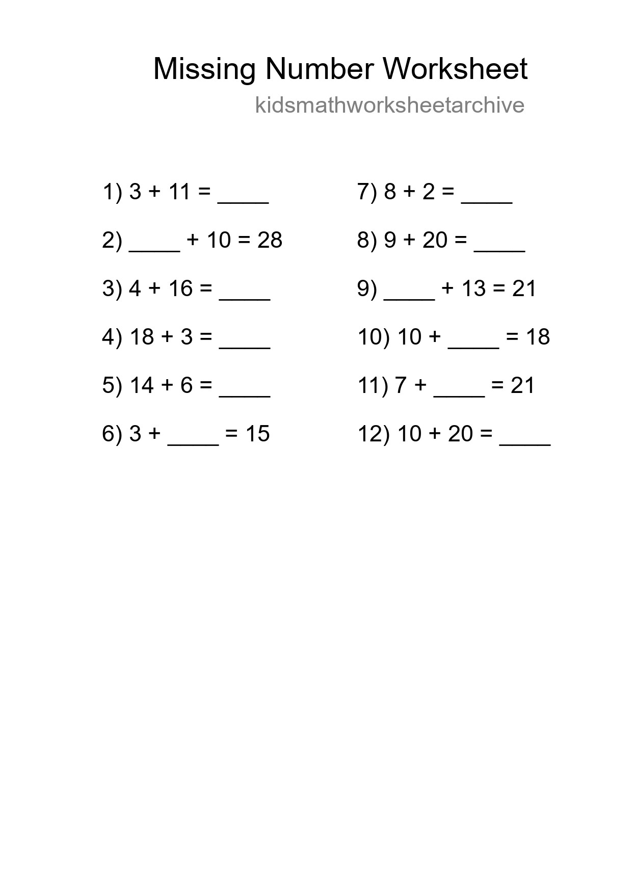 Missing Number Math Worksheet