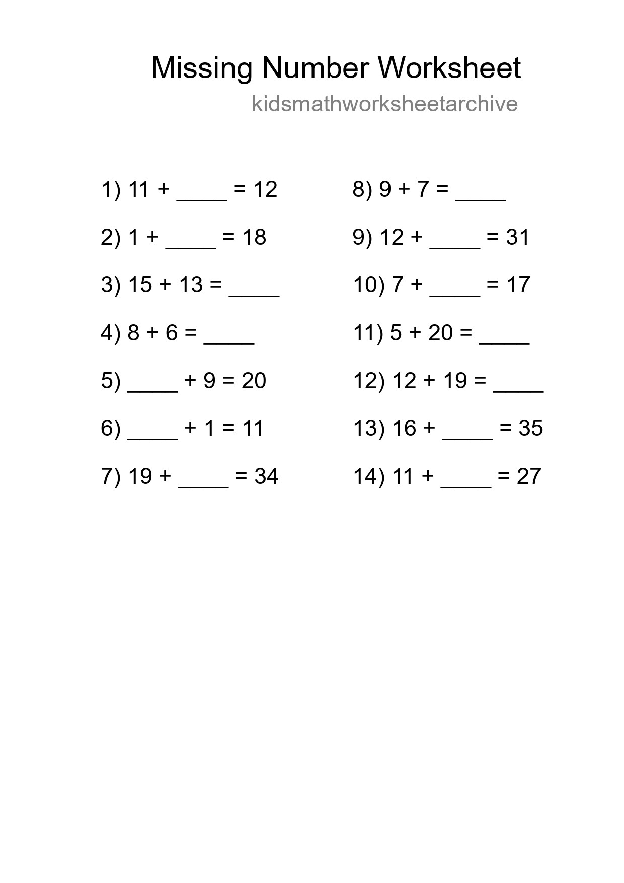 Missing Number Math Worksheet