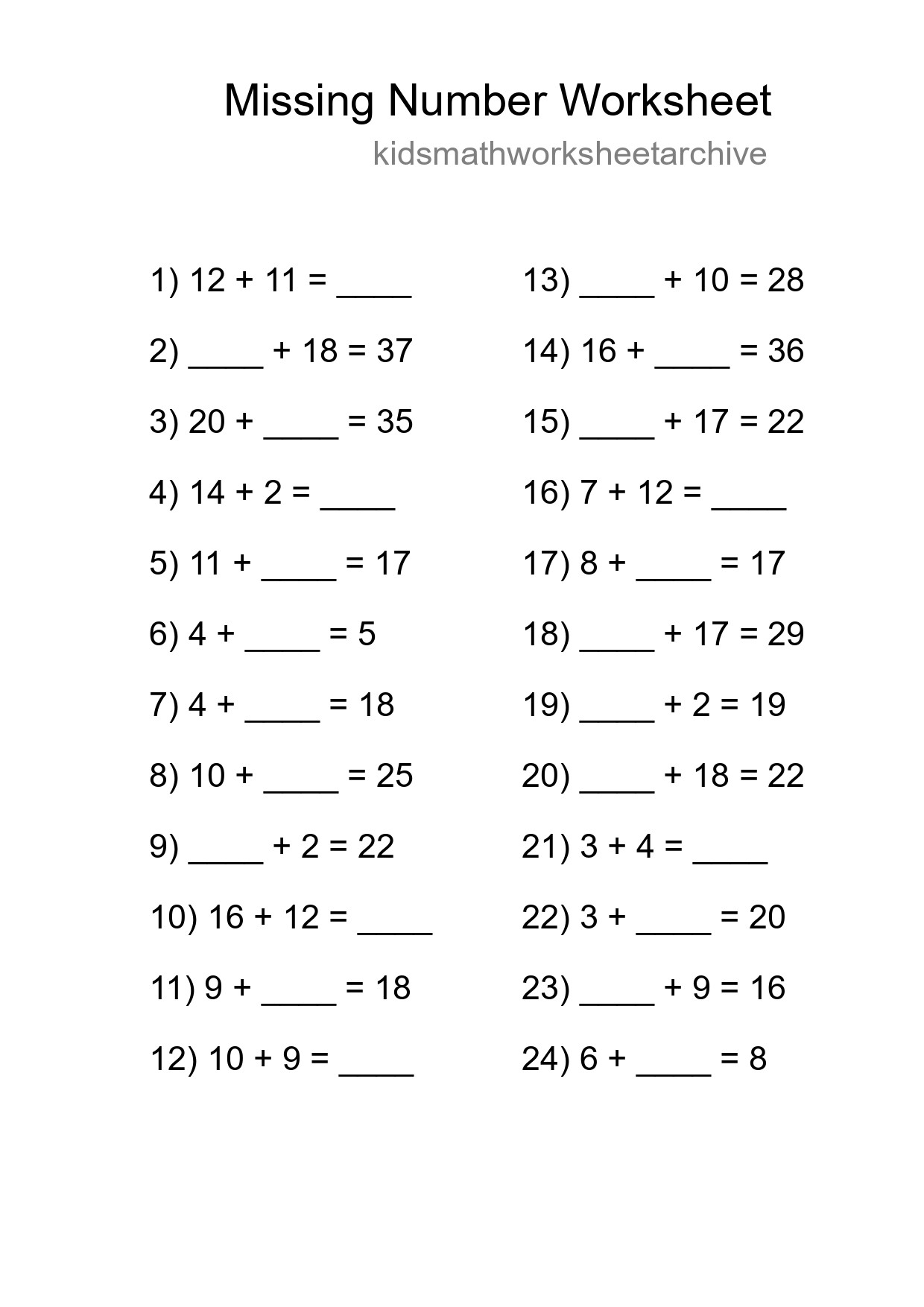 Missing Number Math Worksheet