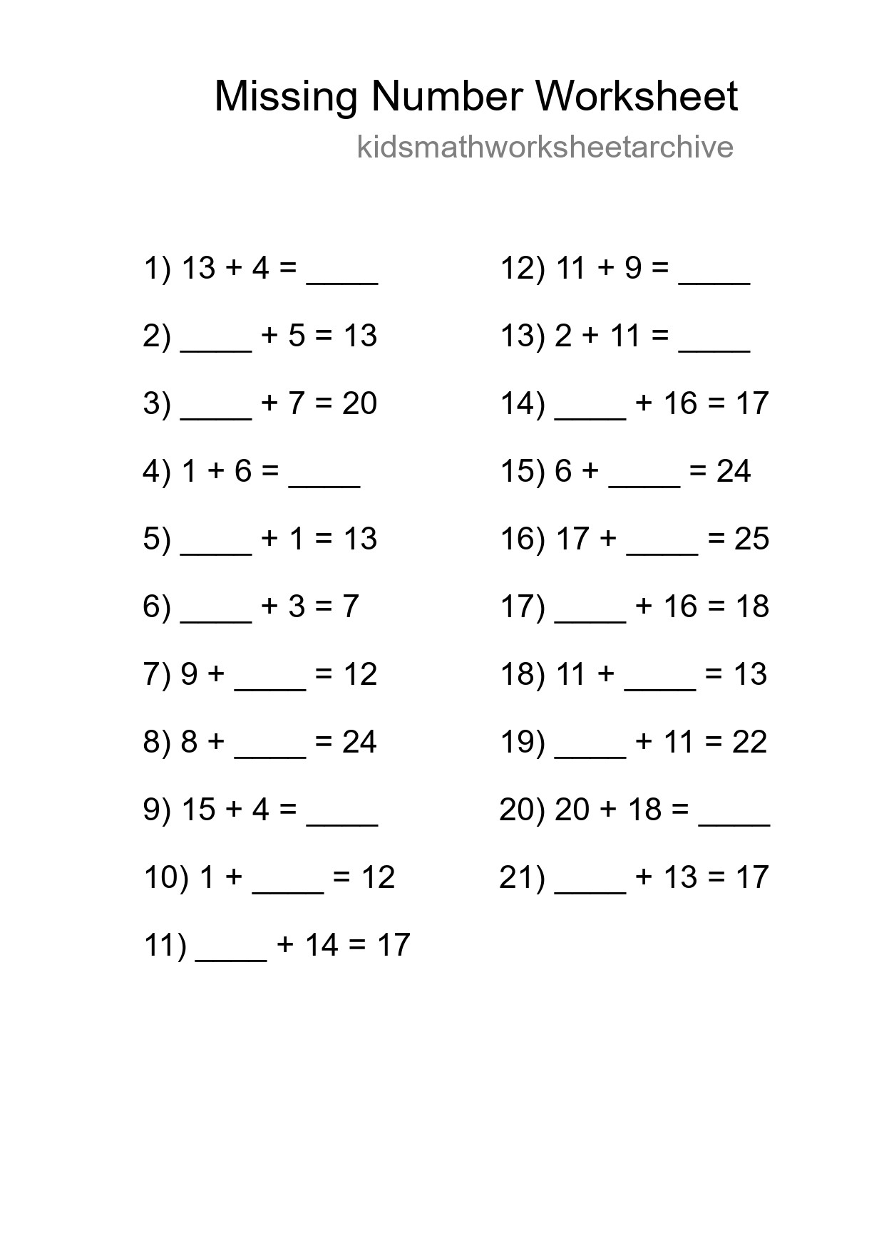 Missing Number Math Worksheet