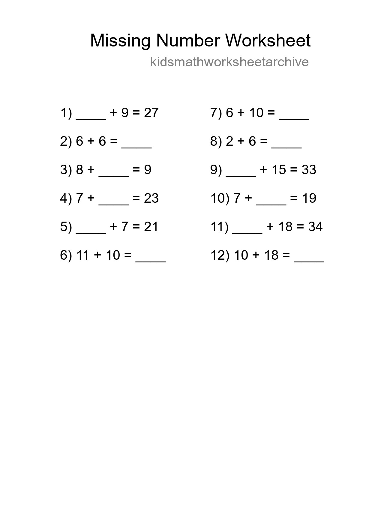 Missing Number Math Worksheet