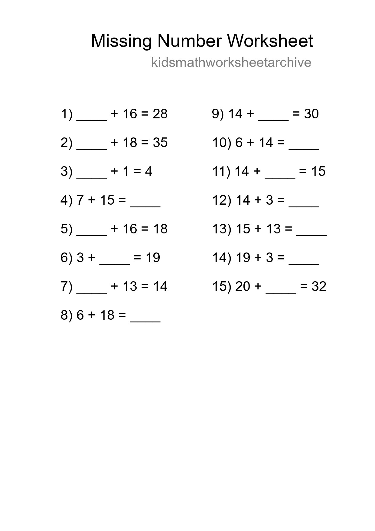 Missing Number Math Worksheet