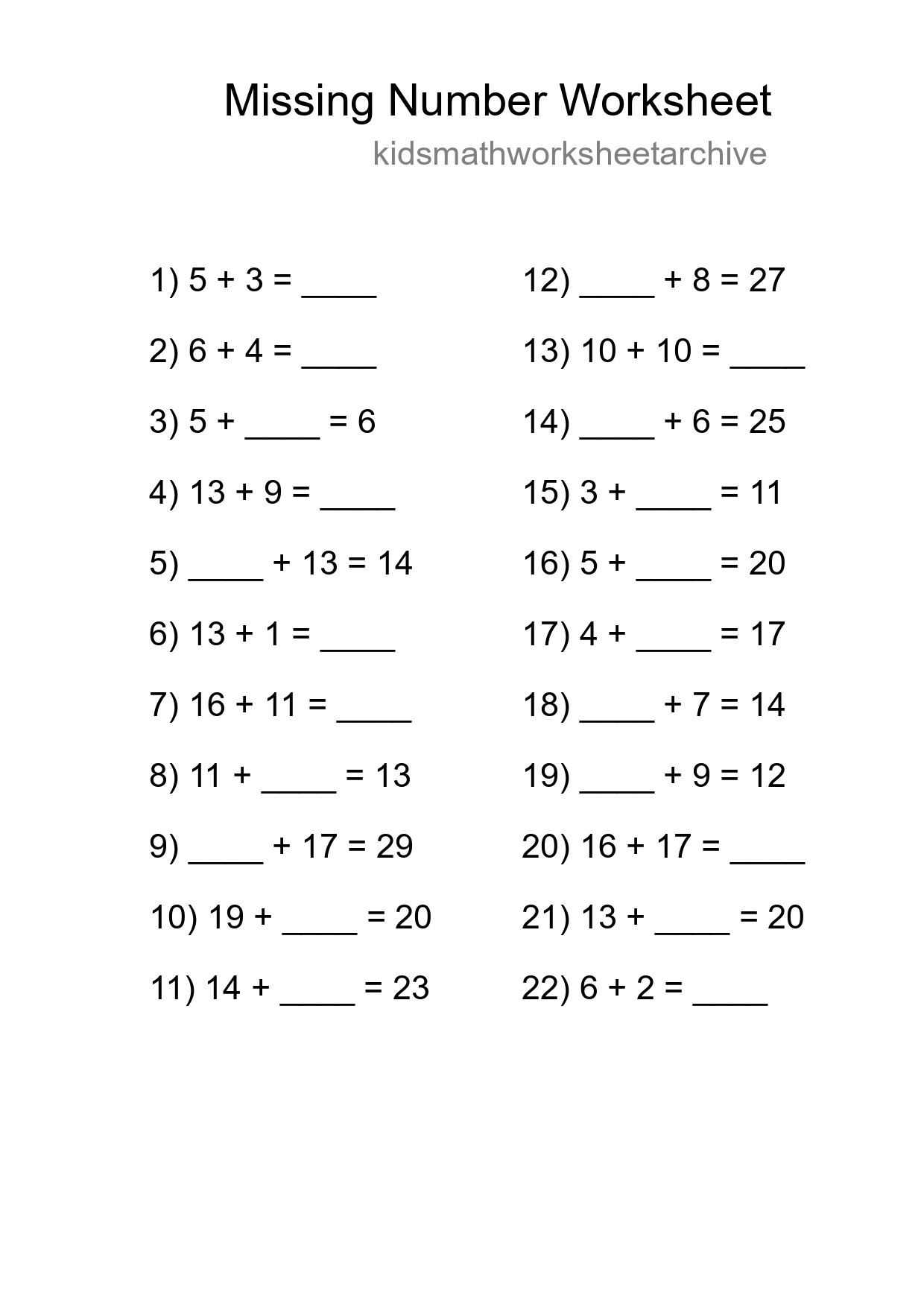 Missing Number Math Worksheet