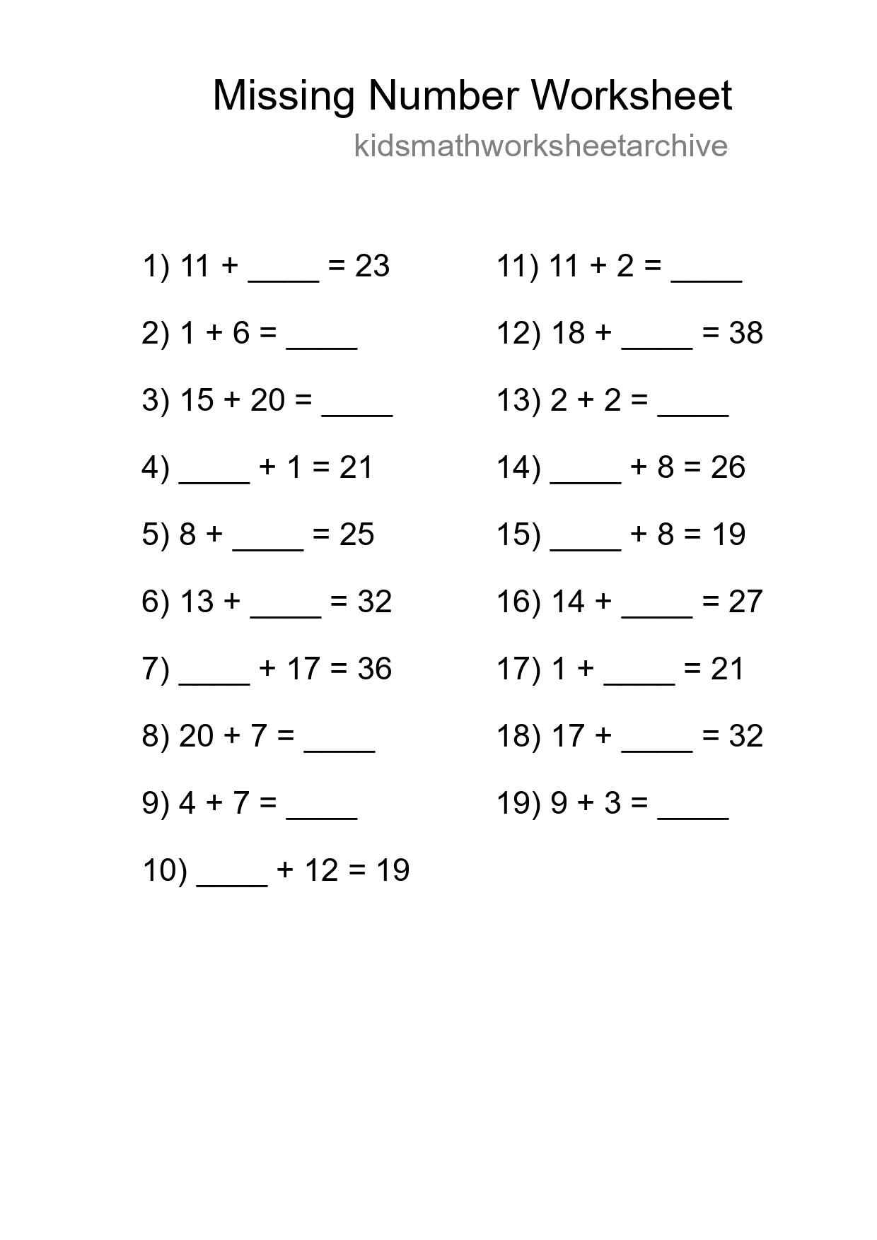 Missing Number Math Worksheet