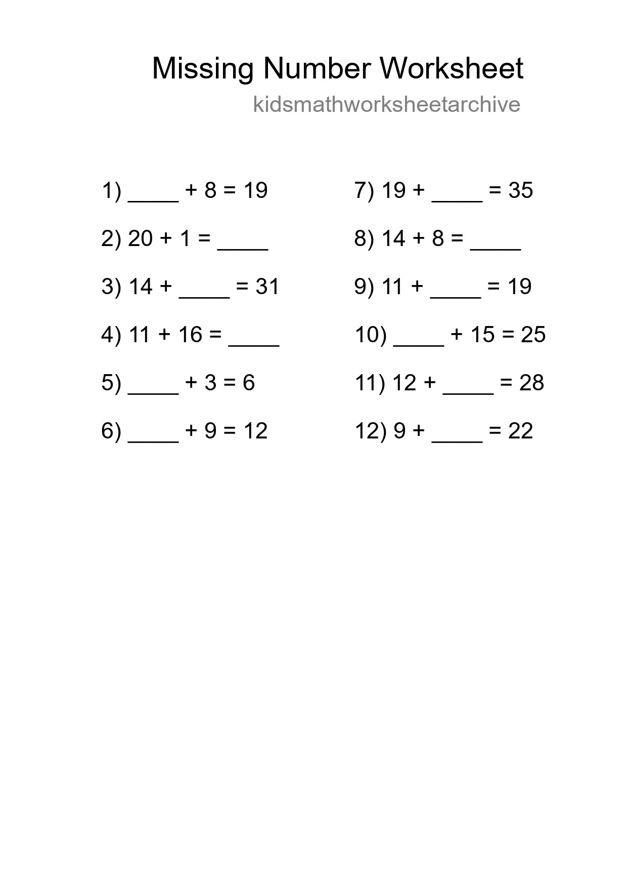 Missing Number Math Worksheet
