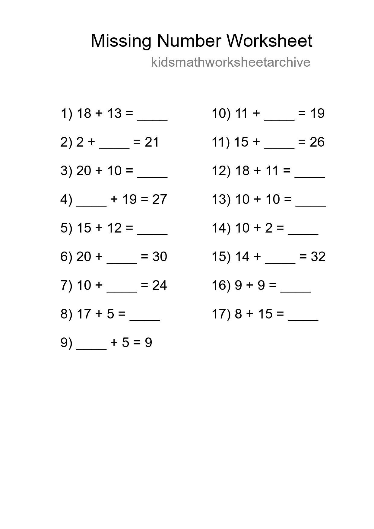 Missing Number Math Worksheet