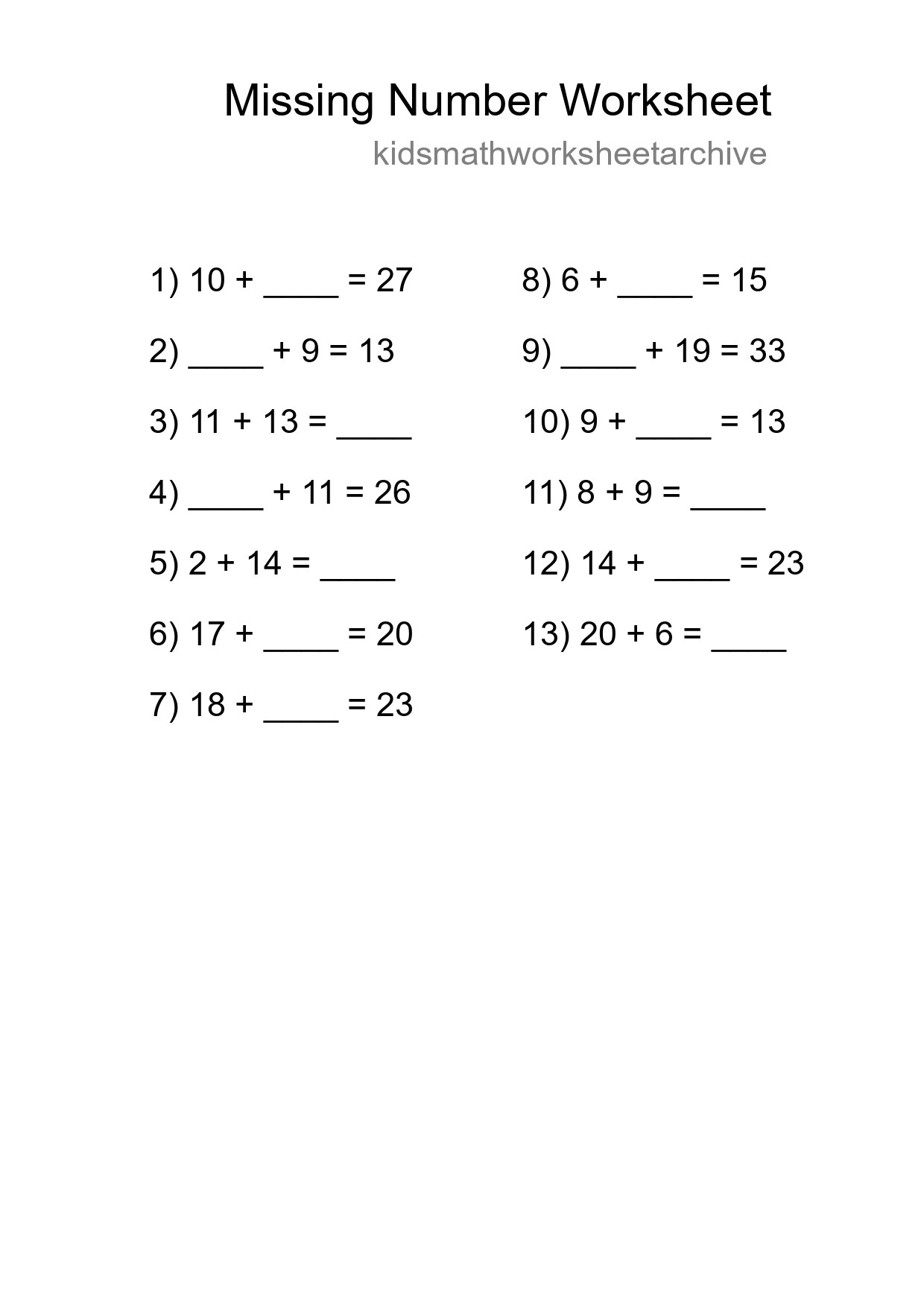 Missing Number Math Worksheet