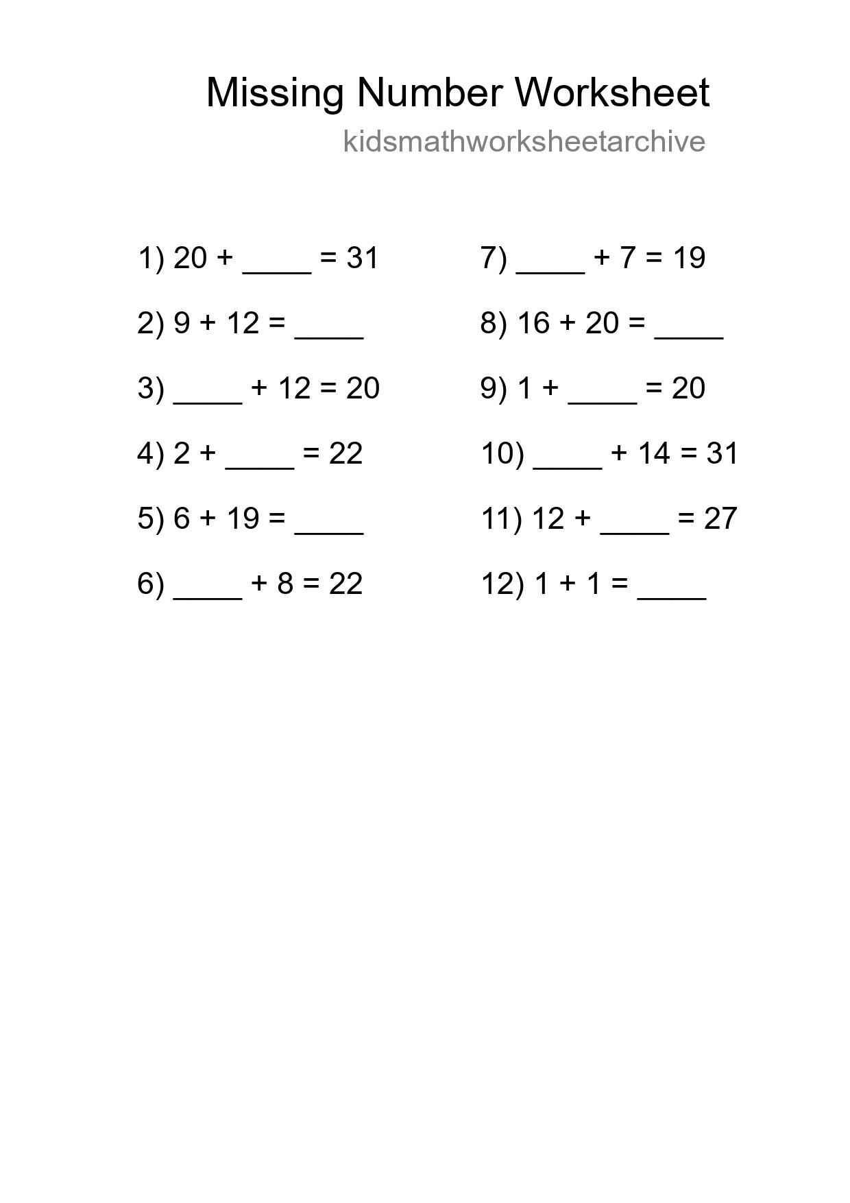 Missing Number Math Worksheet