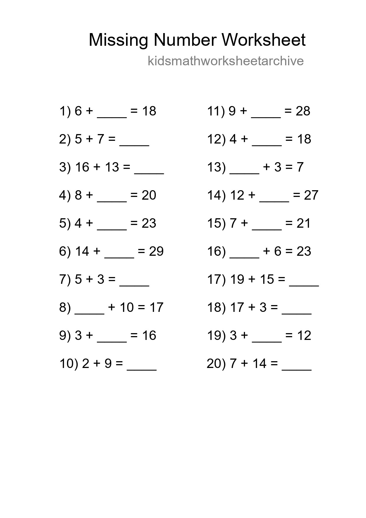 Missing Number Math Worksheet