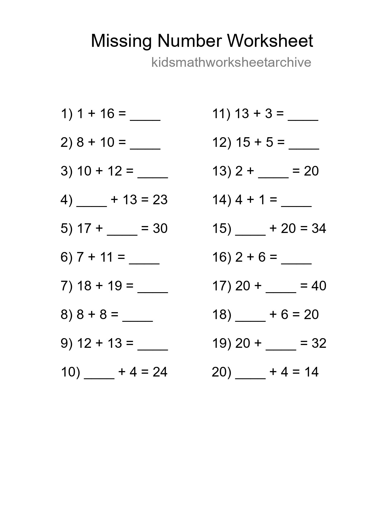 Missing Number Math Worksheet