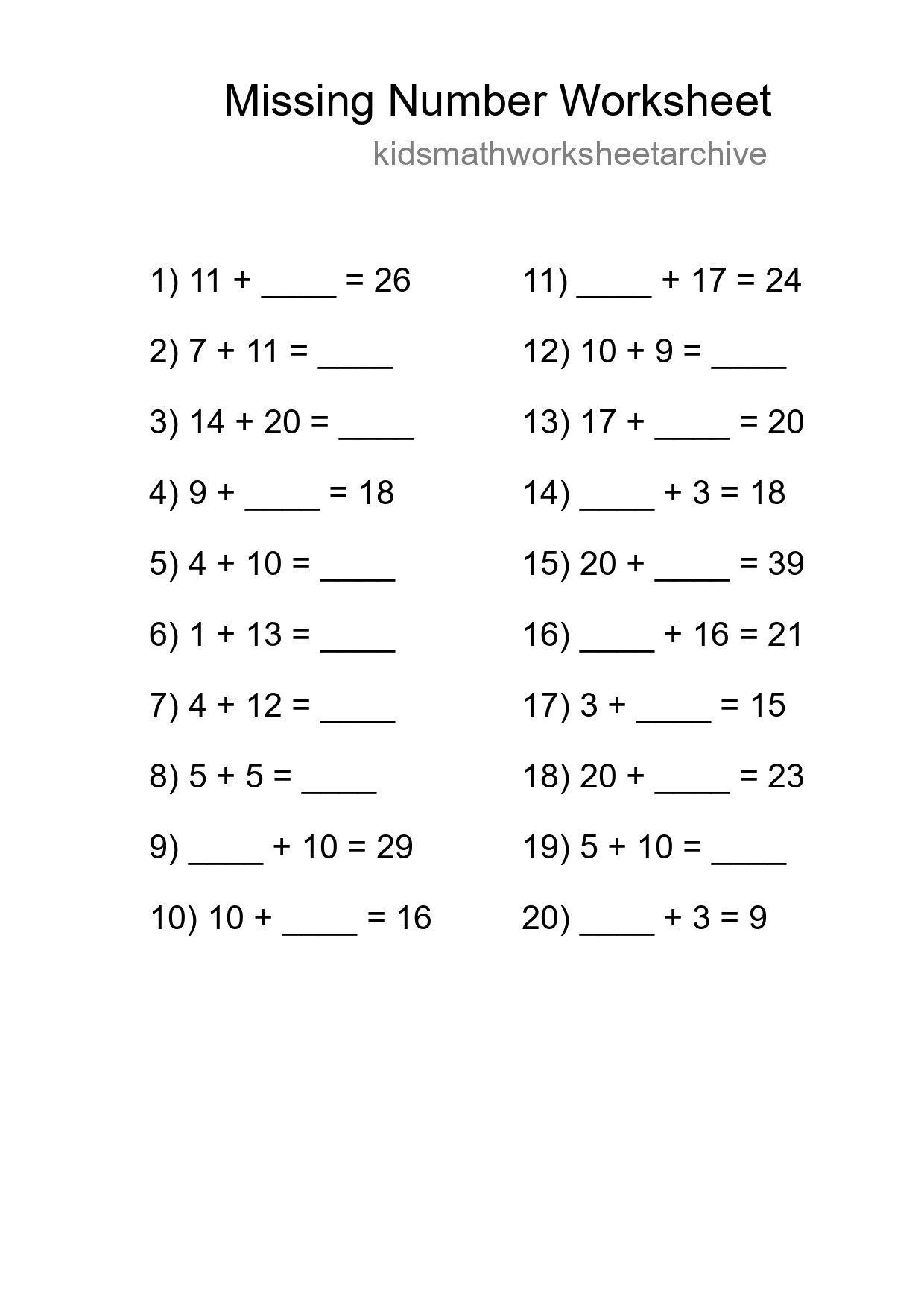 Missing Number Math Worksheet