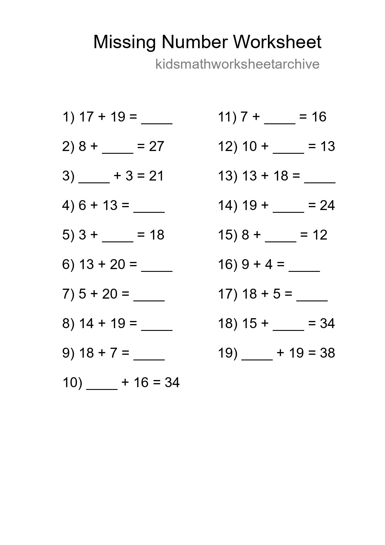 Missing Number Math Worksheet