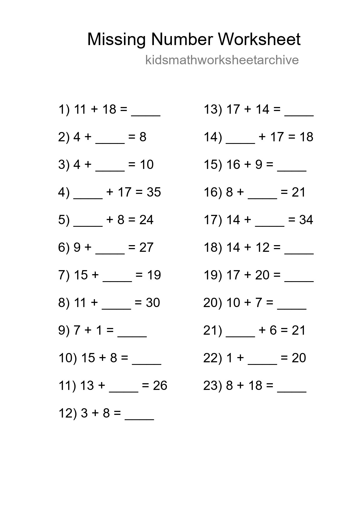 Missing Number Math Worksheet