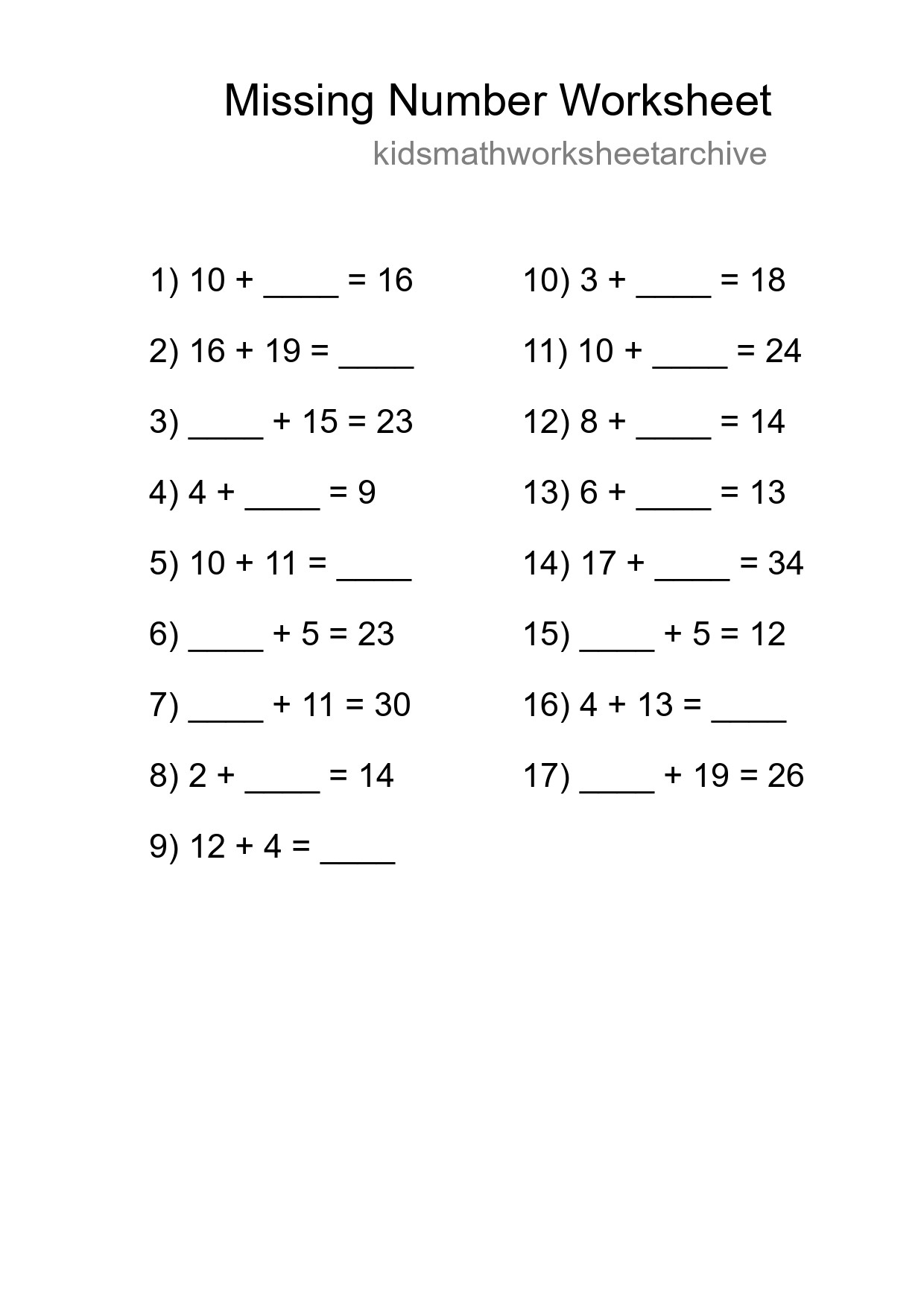 Missing Number Math Worksheet