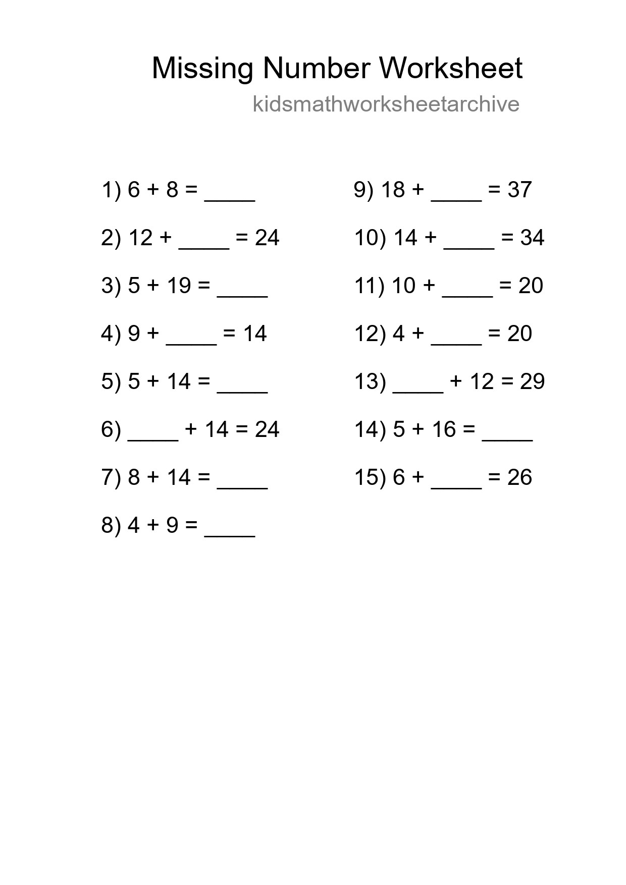 Missing Number Math Worksheet