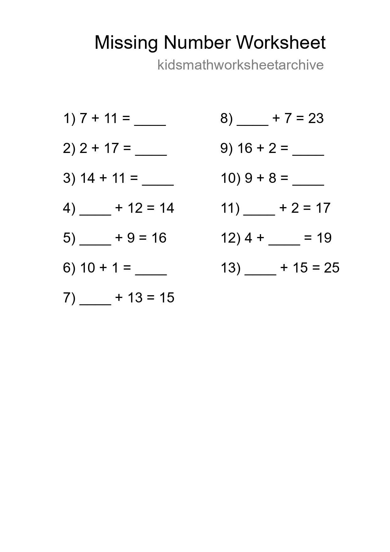 Missing Number Math Worksheet