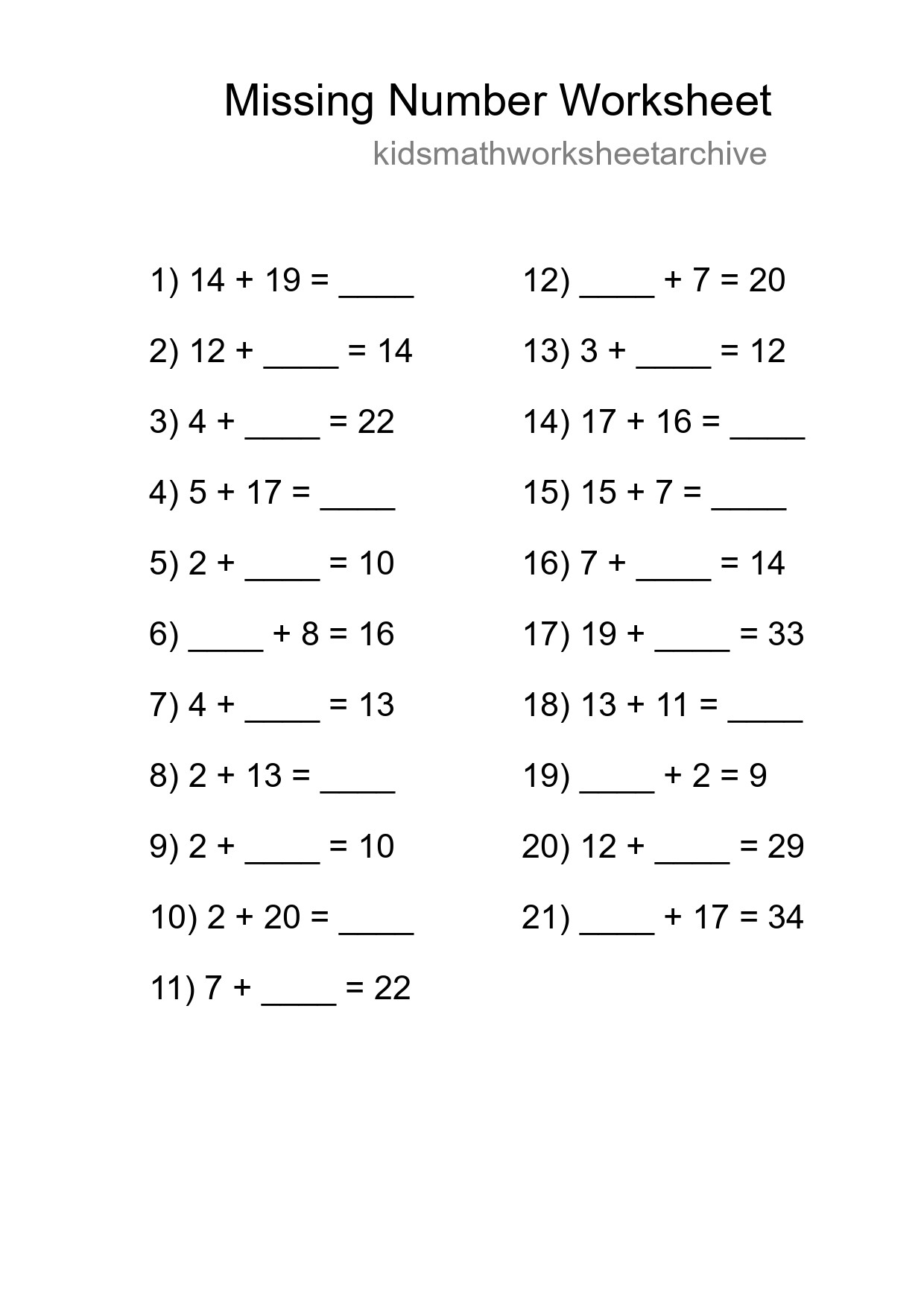 Missing Number Math Worksheet