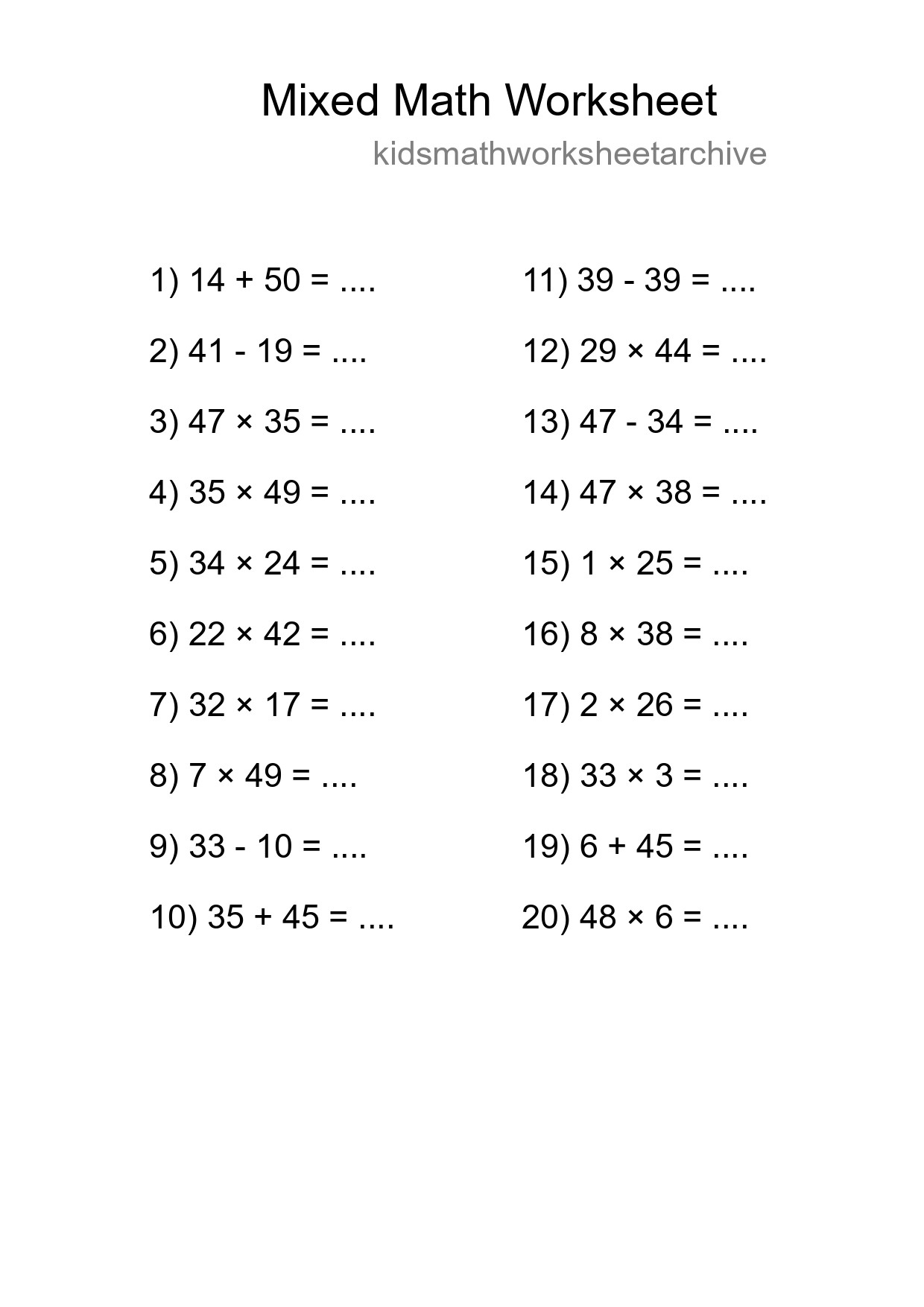 Mixed Operations Math Worksheet