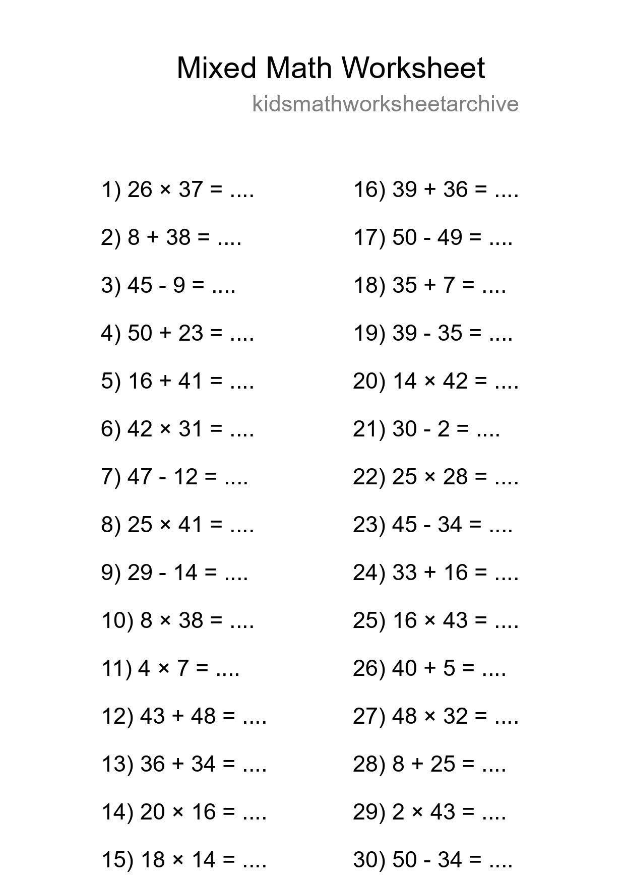 Mixed Operations Math Worksheet