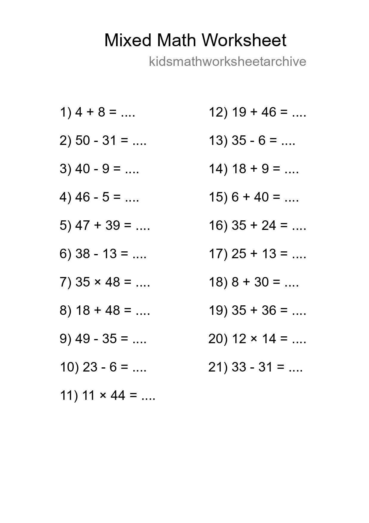 Mixed Operations Math Worksheet