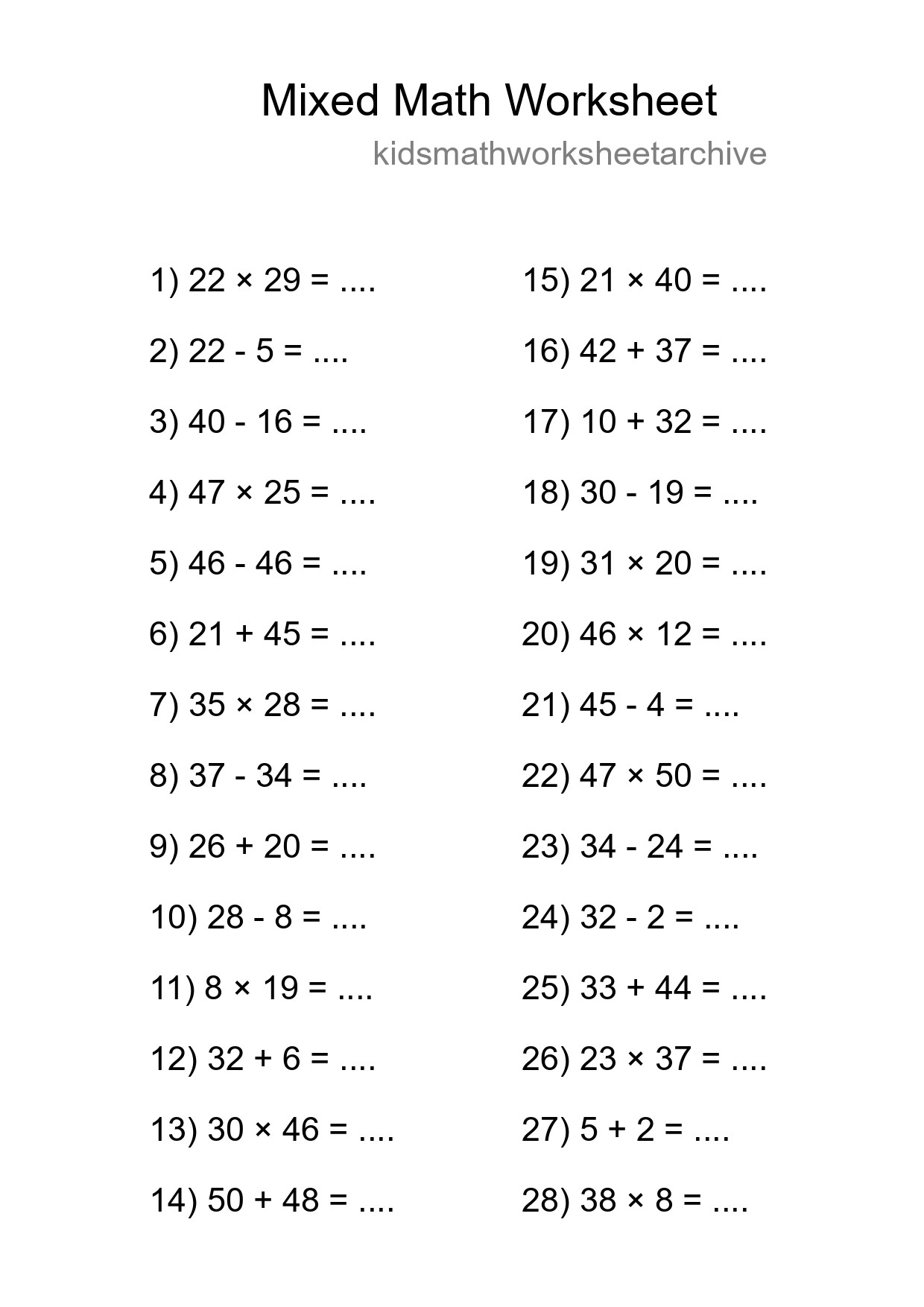 Mixed Operations Math Worksheet