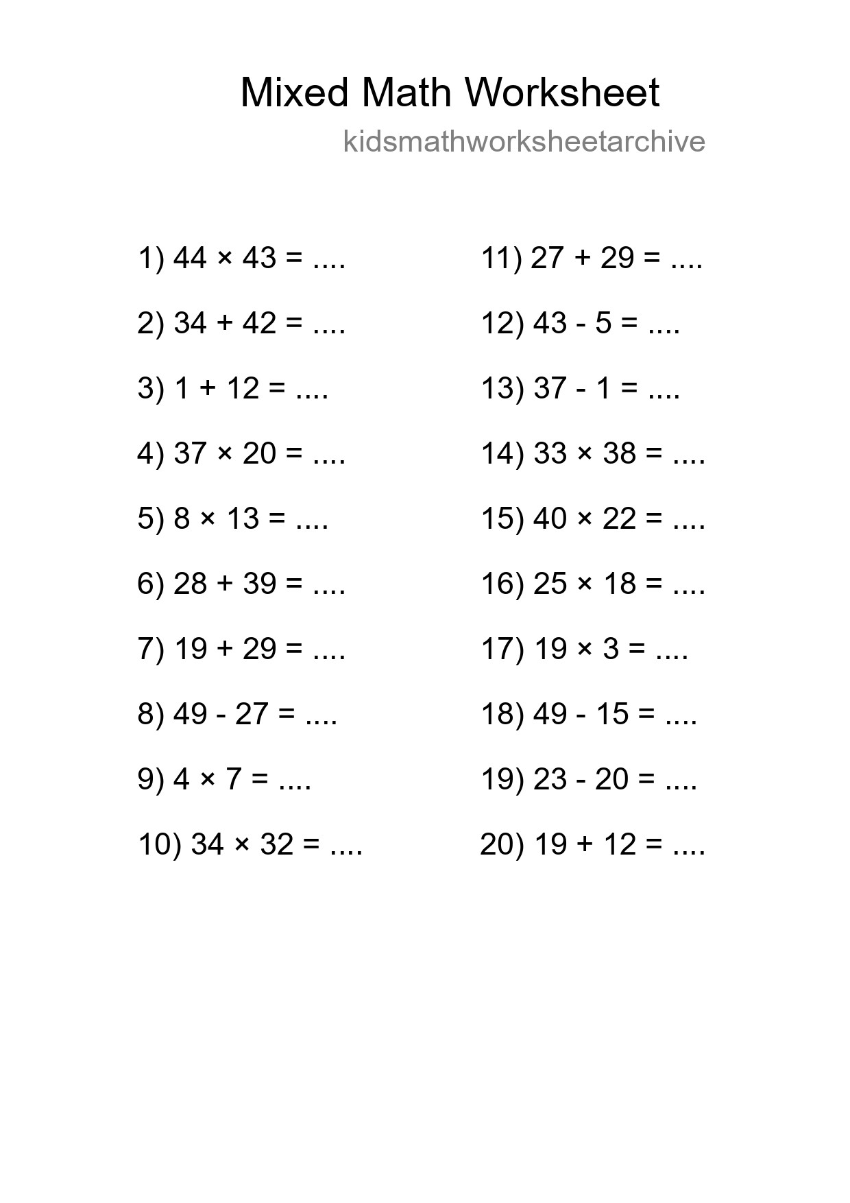 Mixed Operations Math Worksheet