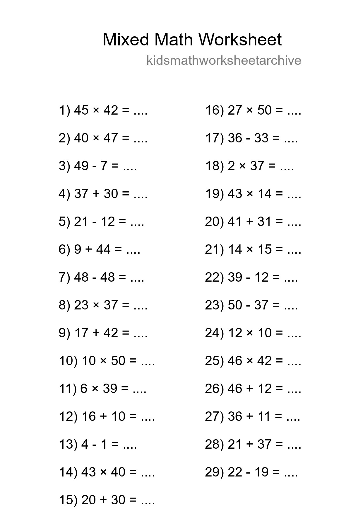 Mixed Operations Math Worksheet