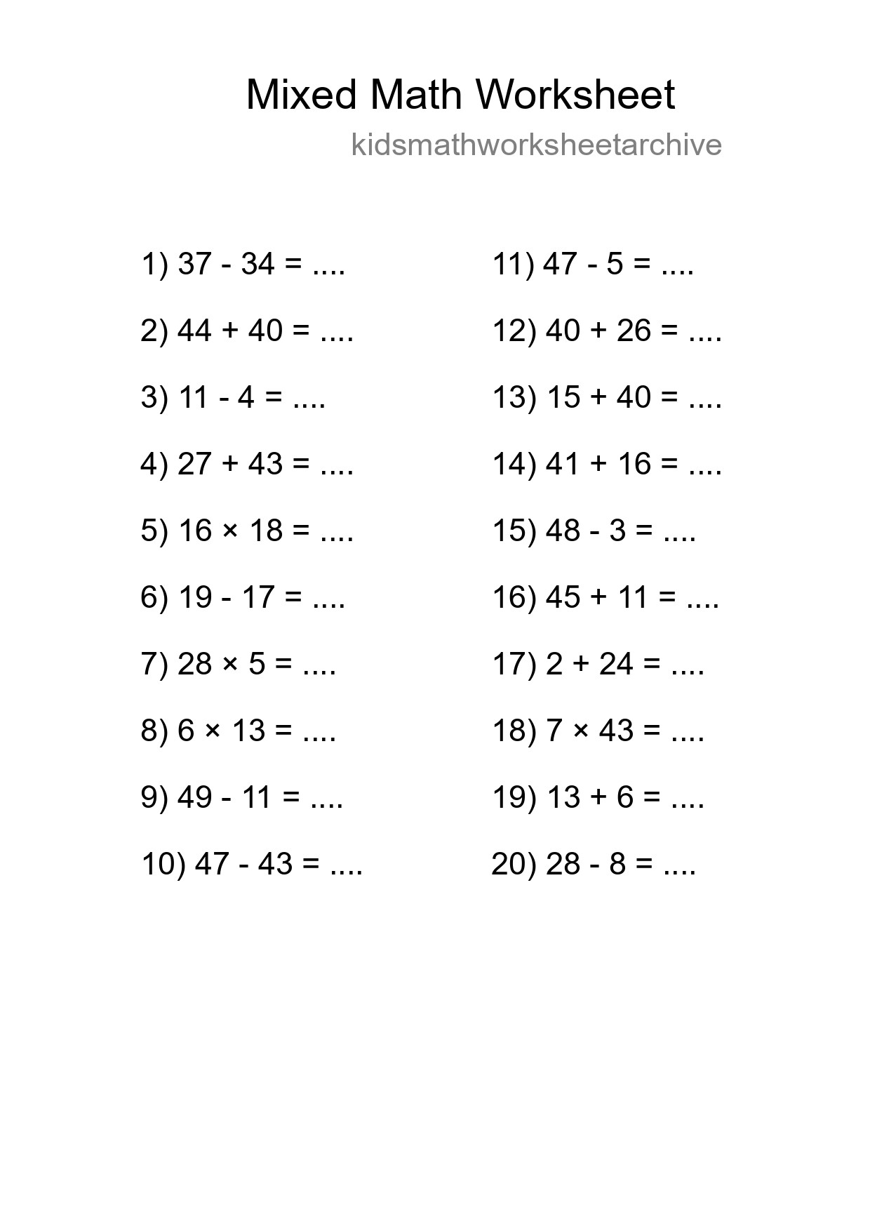 Mixed Operations Math Worksheet