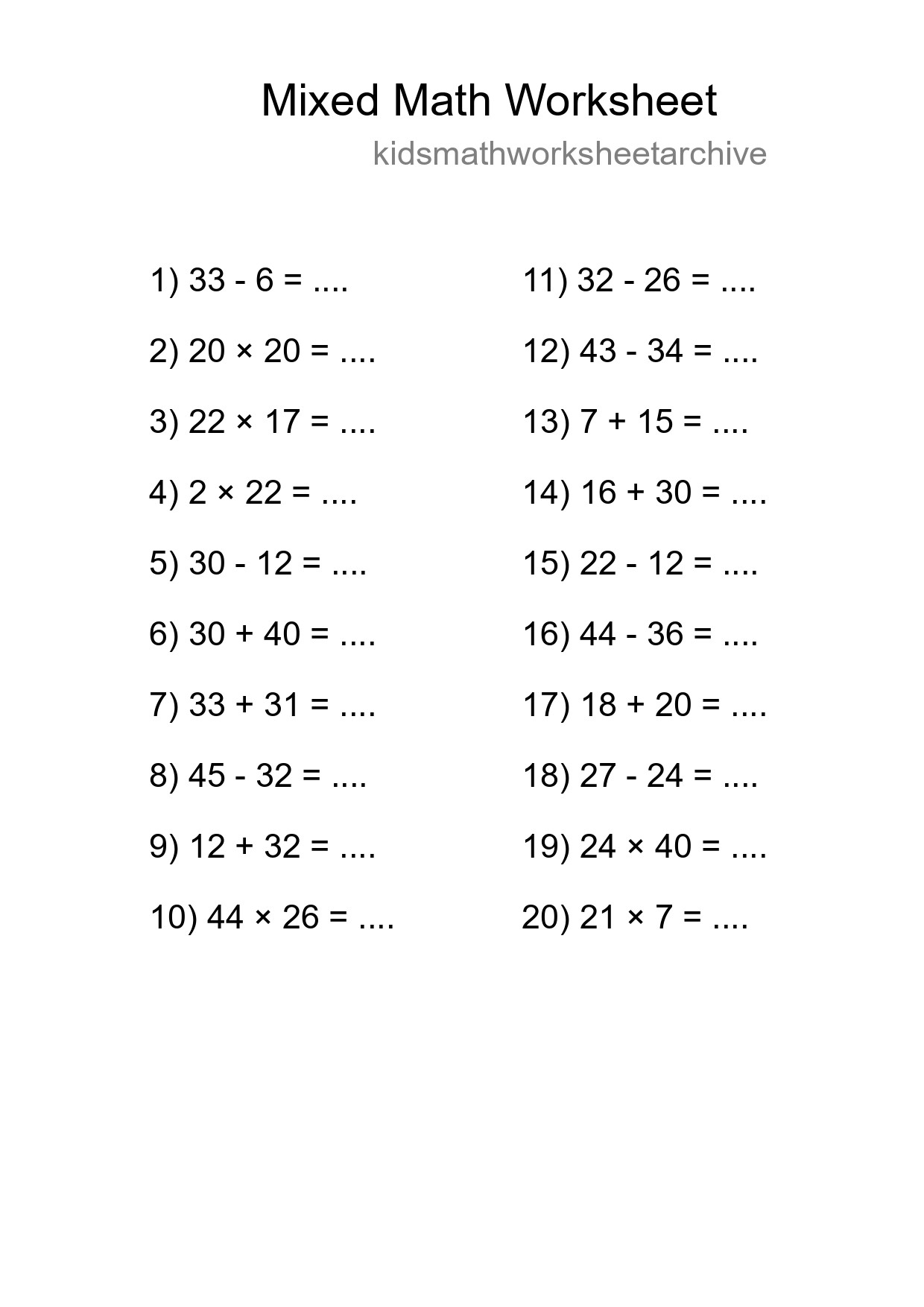 Mixed Operations Math Worksheet