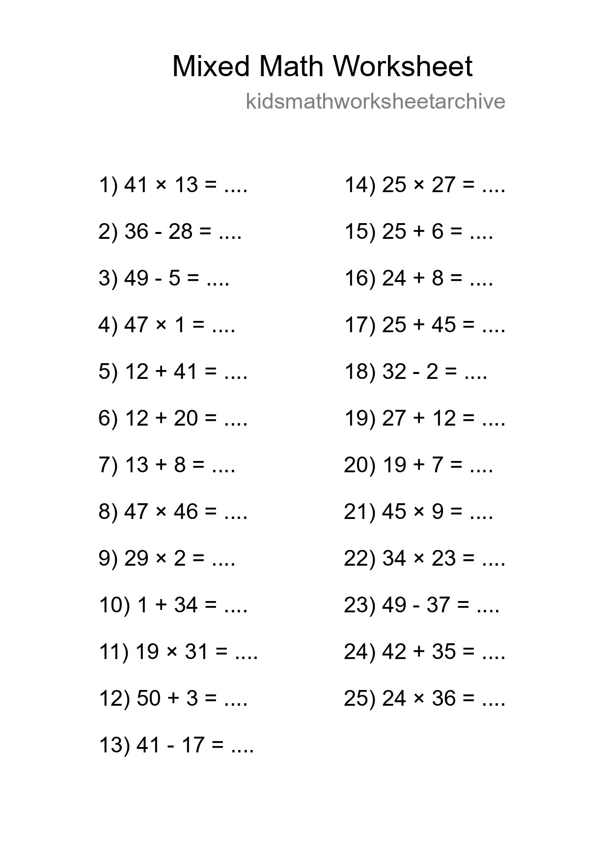 Mixed Operations Math Worksheet