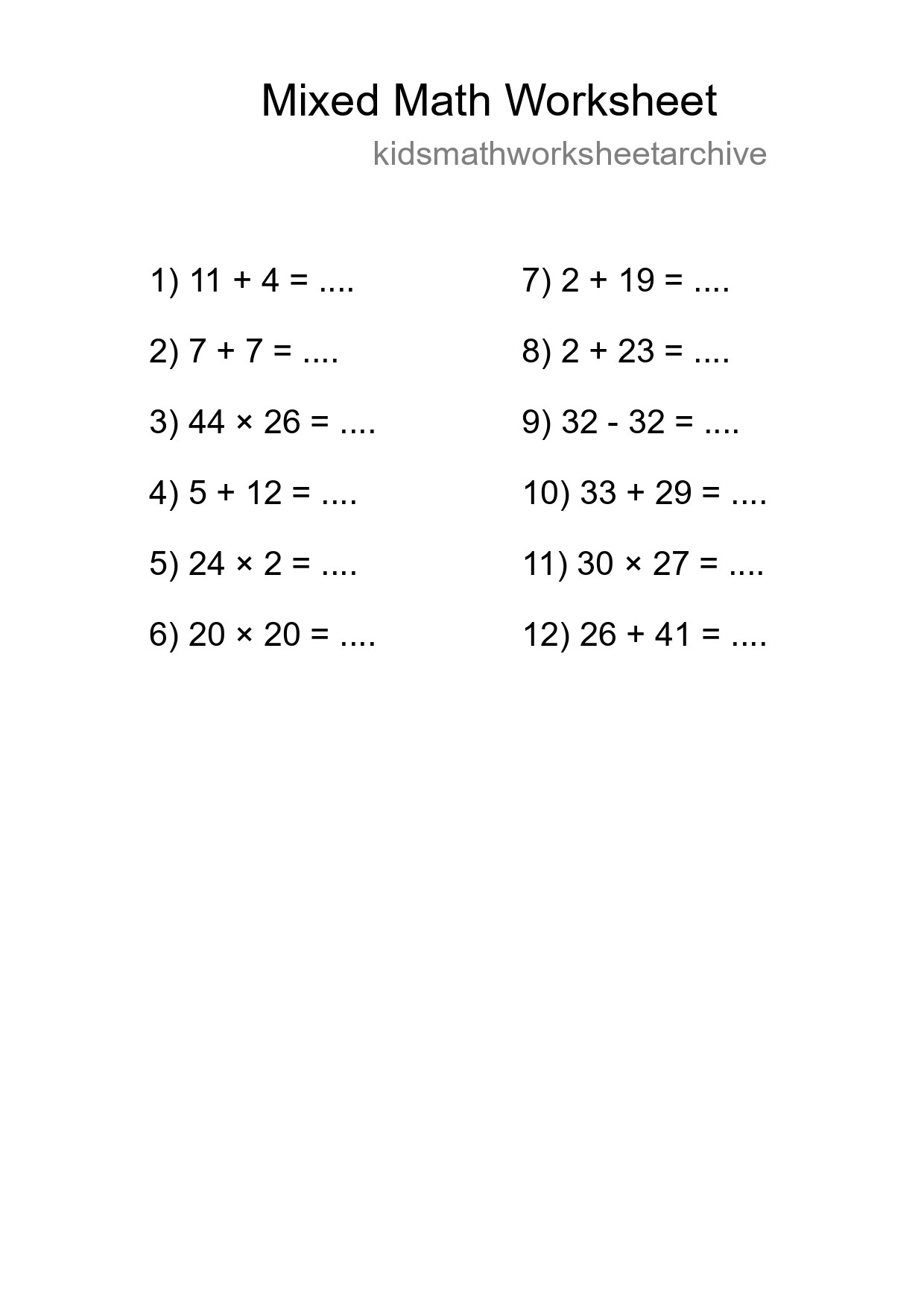 Mixed Operations Math Worksheet
