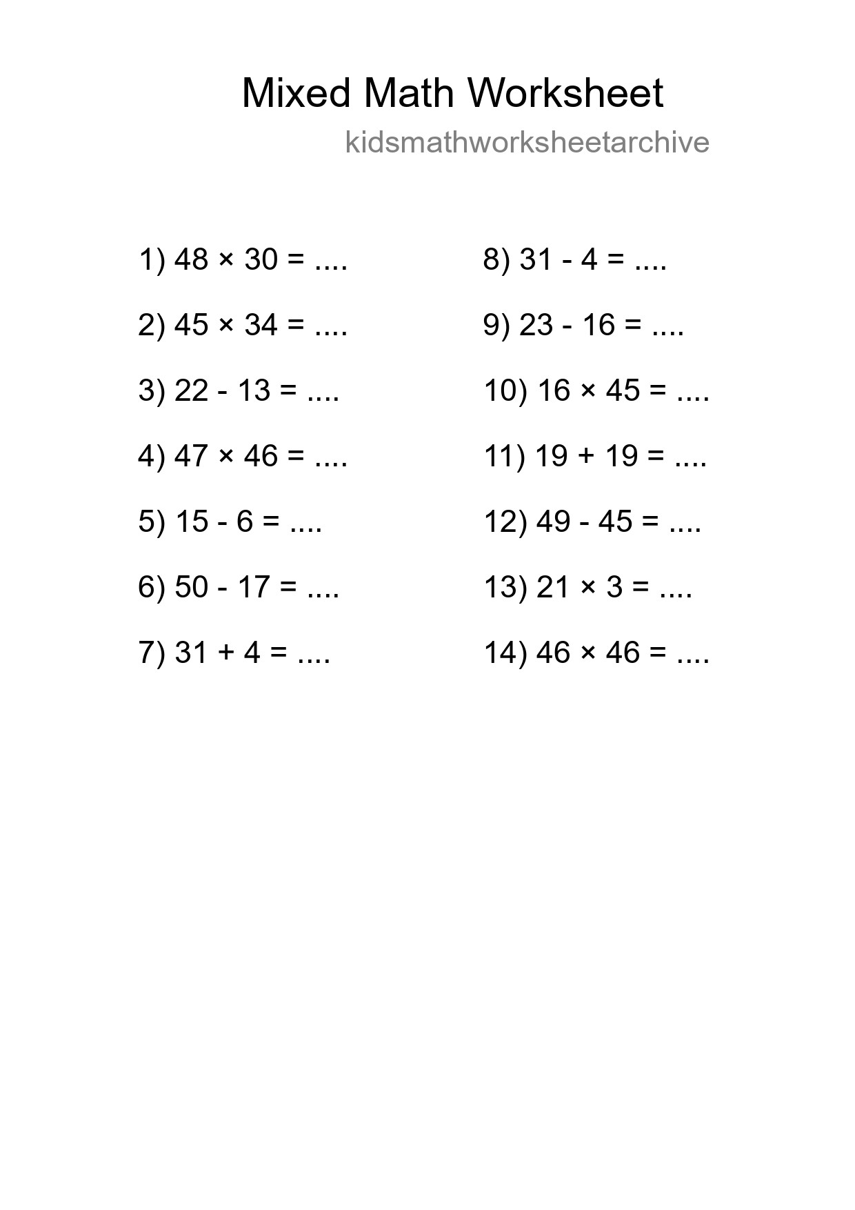 Mixed Operations Math Worksheet