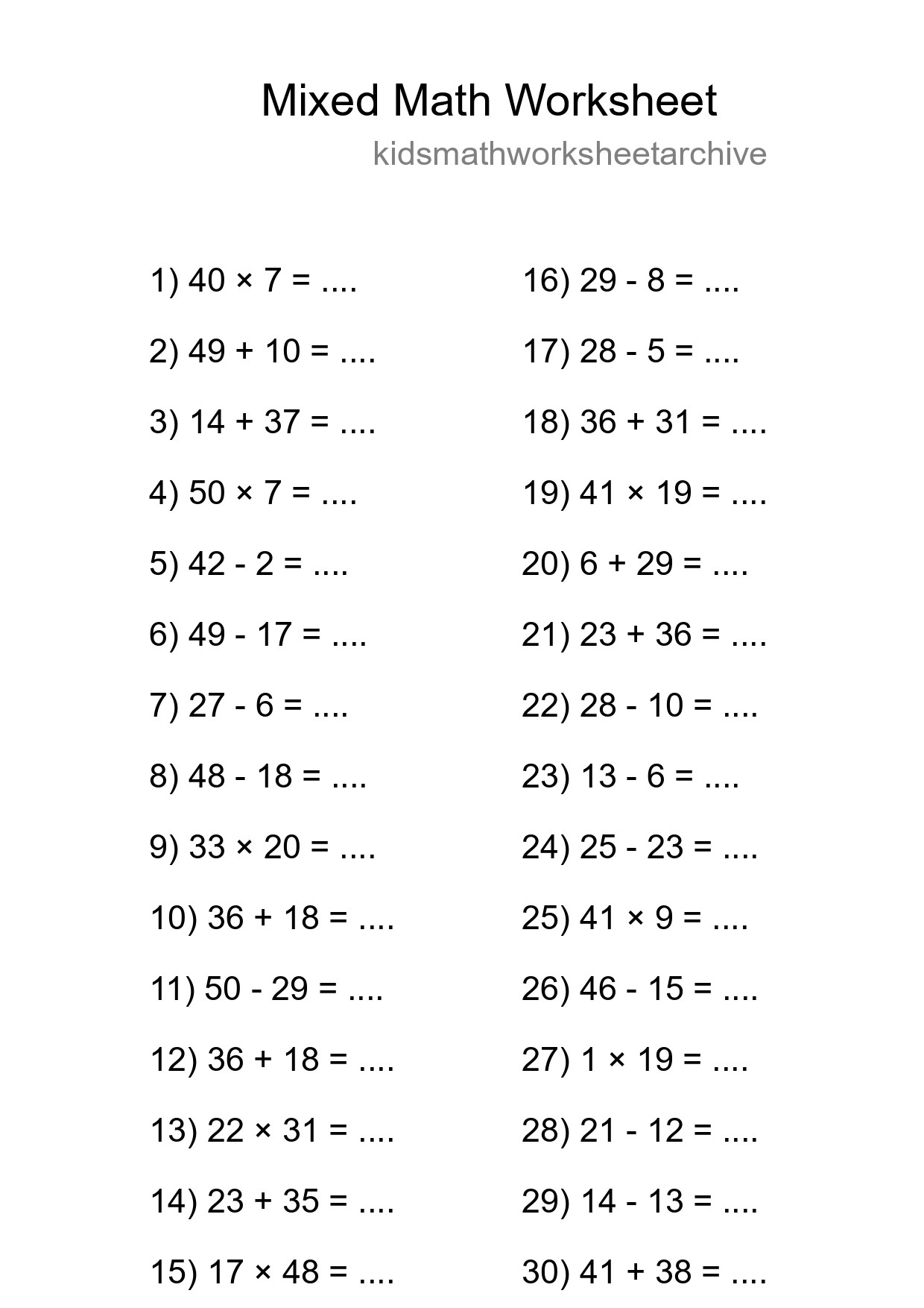Mixed Operations Math Worksheet