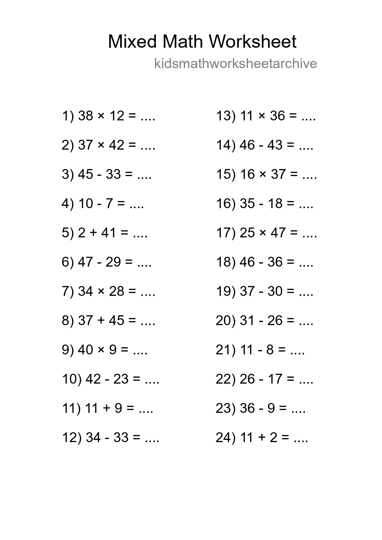 Mixed Operations Math Worksheet