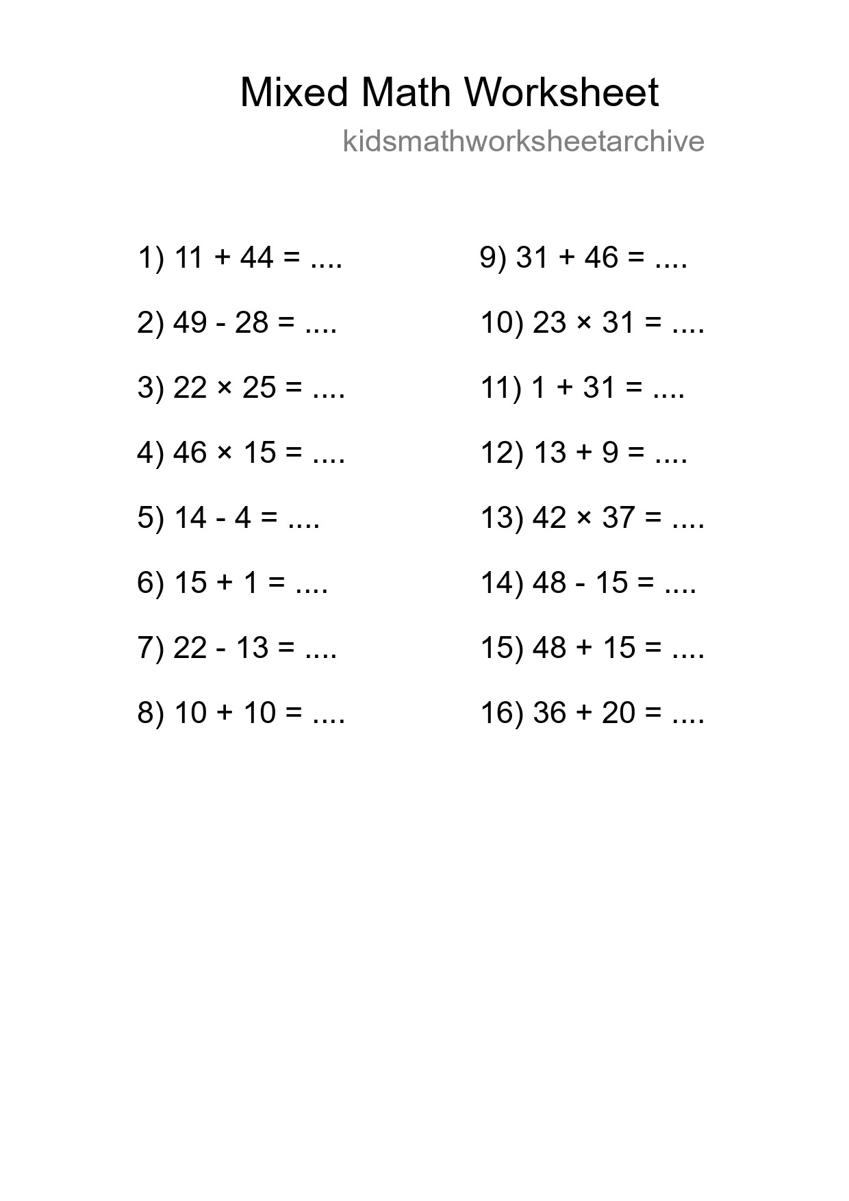 Mixed Operations Math Worksheet