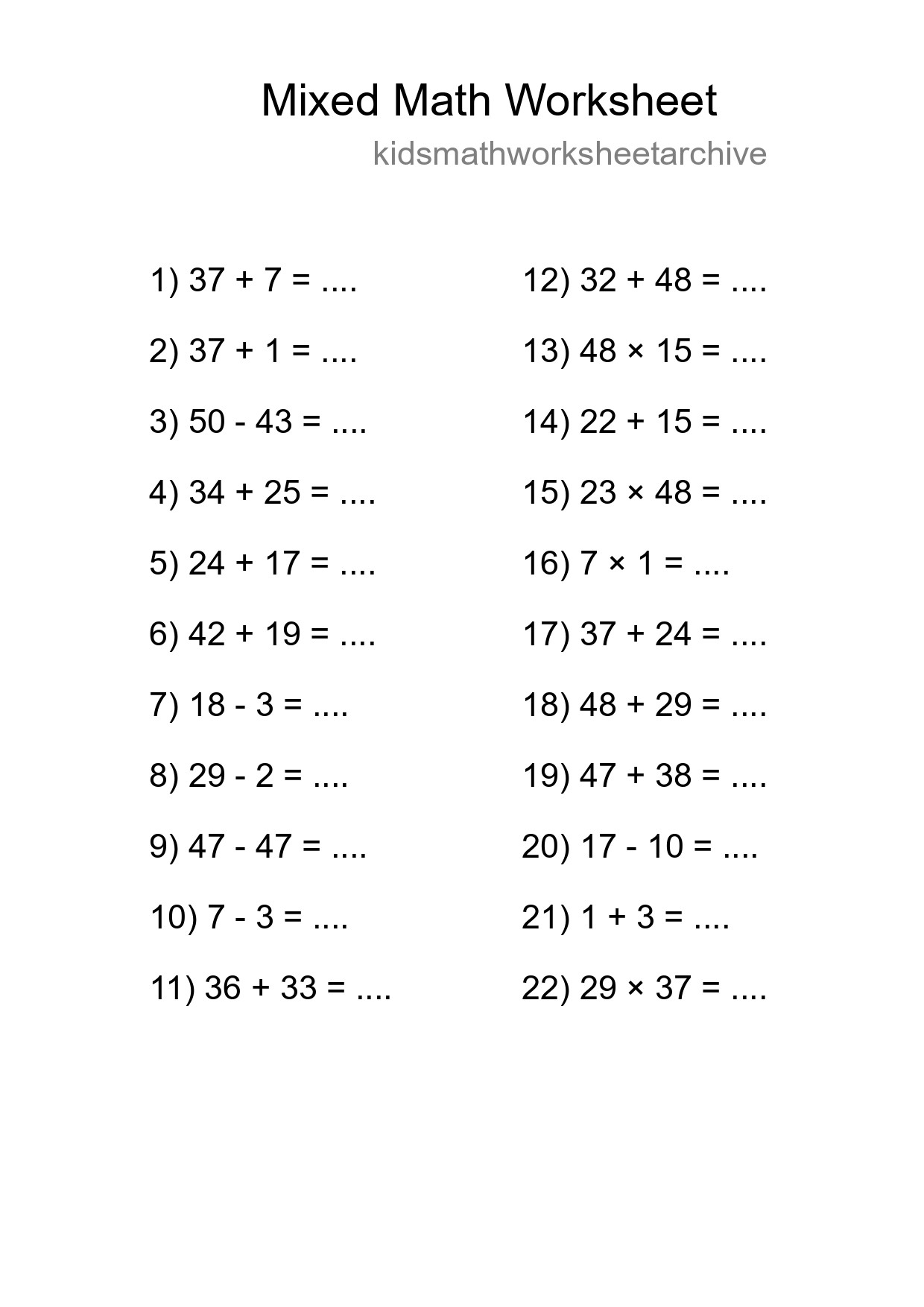 Mixed Operations Math Worksheet