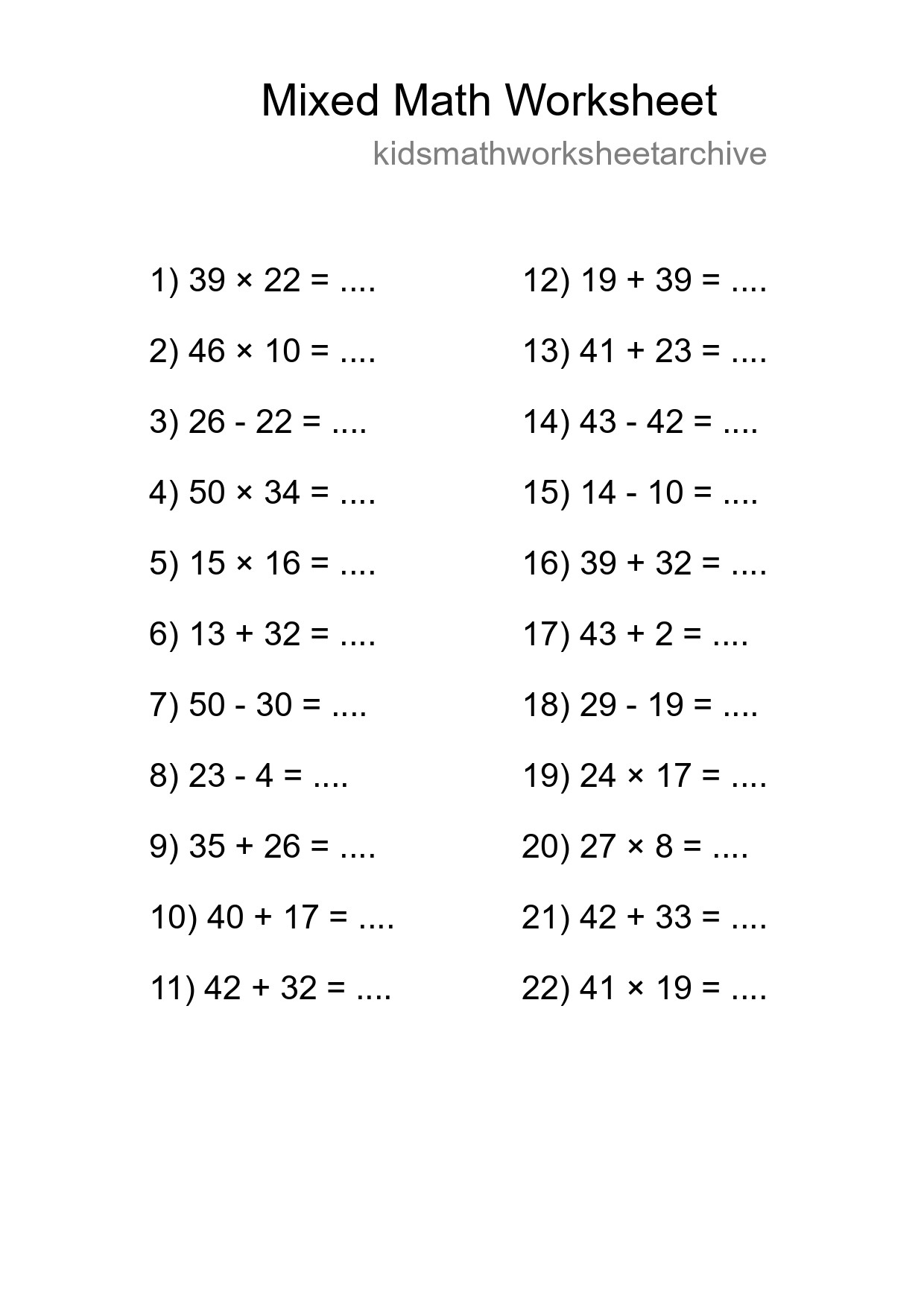 Mixed Operations Math Worksheet