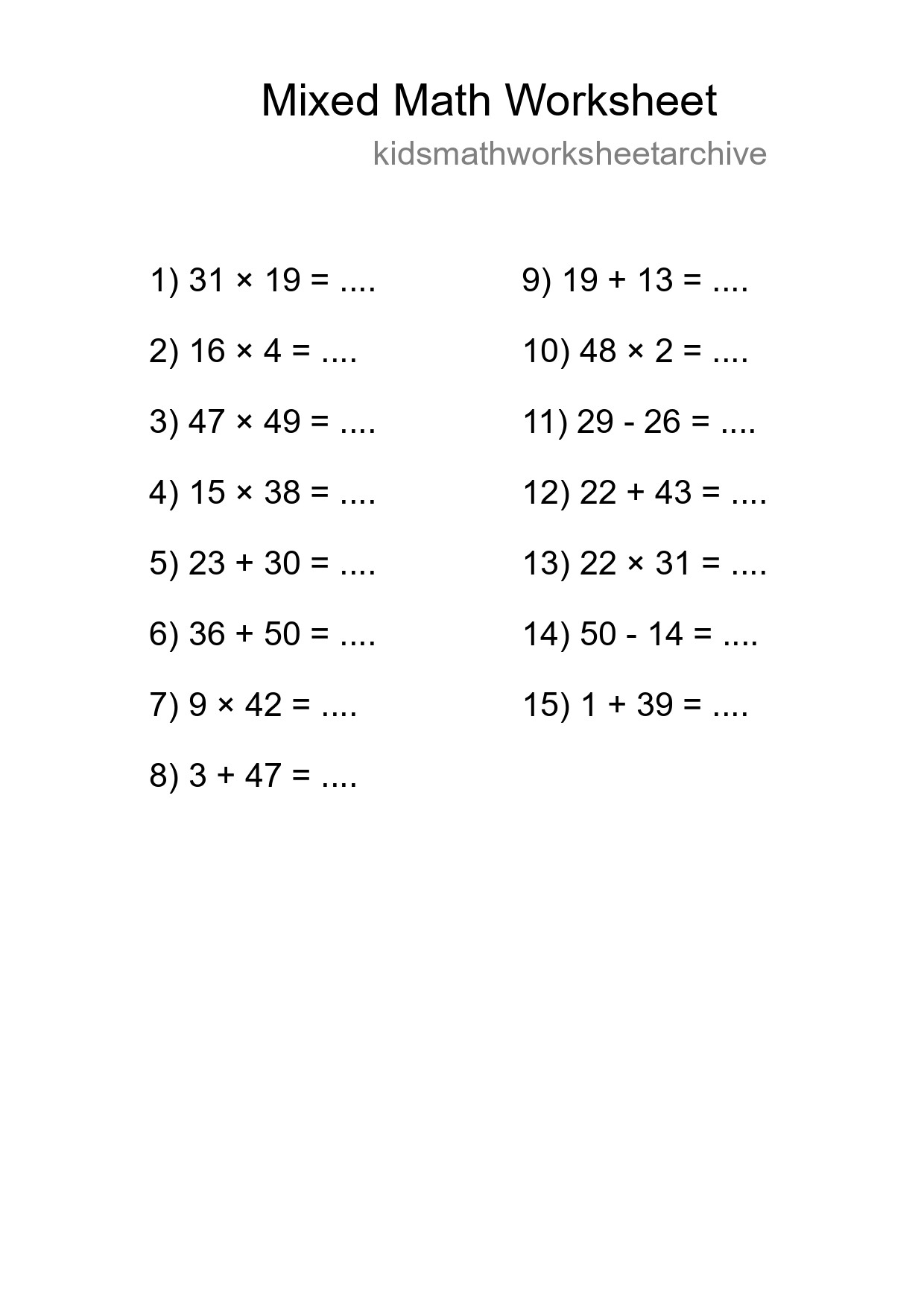 Mixed Operations Math Worksheet